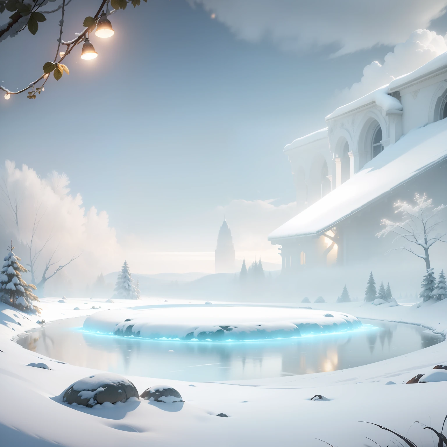 Masterpiece, Best quality, (Very detailed CG unified 8k wallpaper), Dynamic lighting, Warm winter forest, with blue sky and white clouds,Empty space in the middle,at winter season,grassy fields,bathed in sunlight, highlighting every intricate detail, Add a fantastic quality to the scene, mysterious era, Dreamy details,clear skies, Sunshine,mysterious, Warm and friendly atmosphere, Atmospheric Dust, subsurfacescattering, Light tracing, Depth of field, Bokeh, Vivid colors, Cinematic hard lighting, Realistic shadows, beautiful luminous details, film, Octane rendering, Light tracing, concept-art, reality, Unreal Engine 5