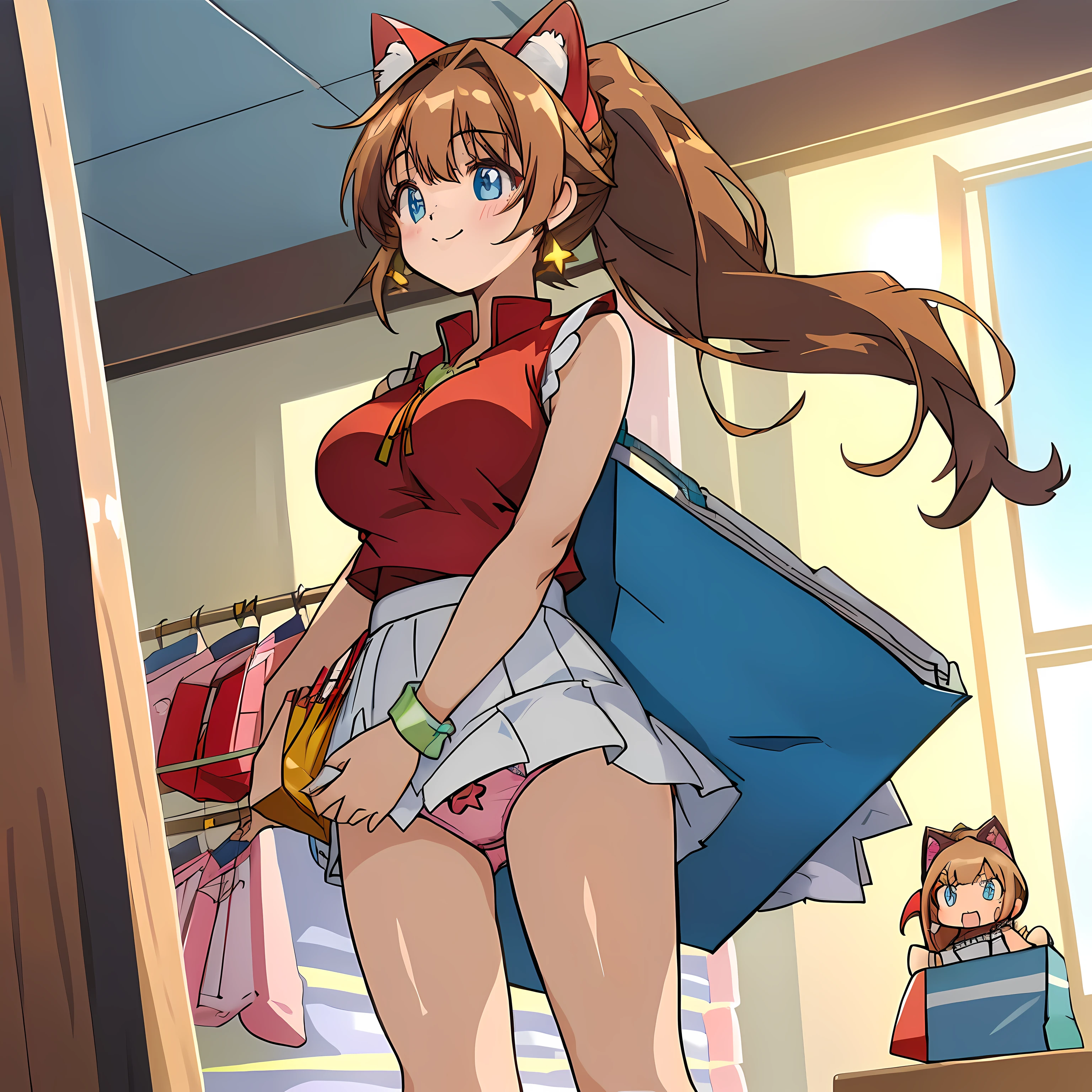 (Highly detailed CG Unity 8k wallpaper), (Best Quality), (Super Detail), (Best Illustration), (Best Shadow), POV, Realistic lighting and shading, Natural light, Lens flare effect, BREAK, 1 beautiful girl, Solo,(Cute:1.5),(Chibi:0.8), (kawaii:1.5),(Lori:0.5), BREAK, ( ( girl), Very detailed, colourfull, highest details, BREAK, (Huge breasts: 1. 2,), Clear skin, Beautiful skin, Shy skin, 1 beautiful girl, Brown hair, (Cat ears, Ponytail, medium-Long hair: 1. 2), (Light blue eyes, long eyelashes, Double eyelids: 1. 2), Solo, gleaming skin, BREAK,(skirt by the,a miniskirt,Panchira:1.2), (Sleeveless, sleeveless shirts, Red Shirt:1.2), (star-shaped earring:1.1), (Lace headband:1.0), (Cute Accessories:1.3), (A smile,Happiness:1.1), (is standing,Slouched:1.3), Holding red string panties in his right hand, (Angle from the front:1.1), BREAK, (Shopping Dating:1.2),(Women's Underwear Shop:1.5),(Multiple female customers)