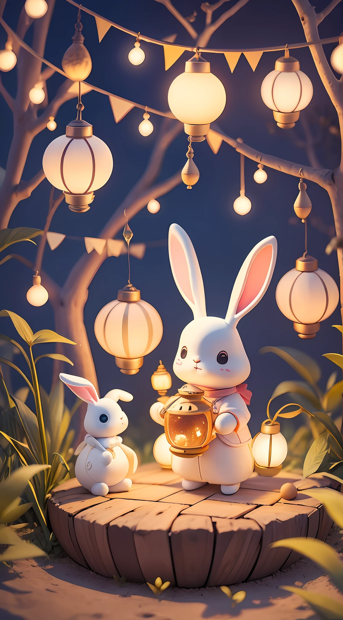 Simple illustration style with light colors，Cute cartoon kid standing on big pie，Take the lantern，There are a few small rabbits next to it。The cool breeze of summer nights blows，The sky has a bright full moon，It is in the strong atmosphere of the Mid-Autumn Festival。  Behind him is the osmanthus tree，Mooncakes at your feet