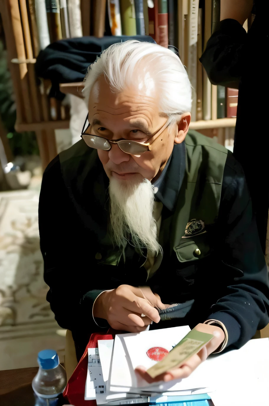There was a man sitting at the table，Holding a book and a knife, zhang daqian, chinese artist, qi sheng luo, yintion j - jiang geping, zeng fanzhi, old man, phong yintion j - jiang geping, An old man, Inspired by Liu Jue, song nan li, old man doing hard work