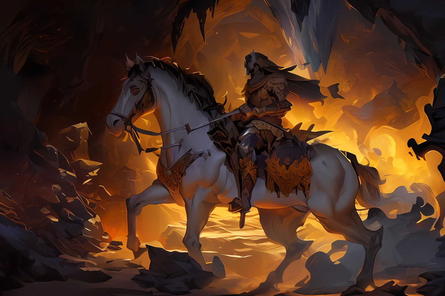 there is a man riding a horse in a cave, detailed digital 2d fantasy art, in style of dark fantasy art, an ominous fantasy illustration, darksiders art style, epic fantasy digital art style, lich vecna (d&d), epic fantasy art style, dark fantasy illustration, in an icy cavern, undead knight, detailed fantasy illustration, high fantasy illustration