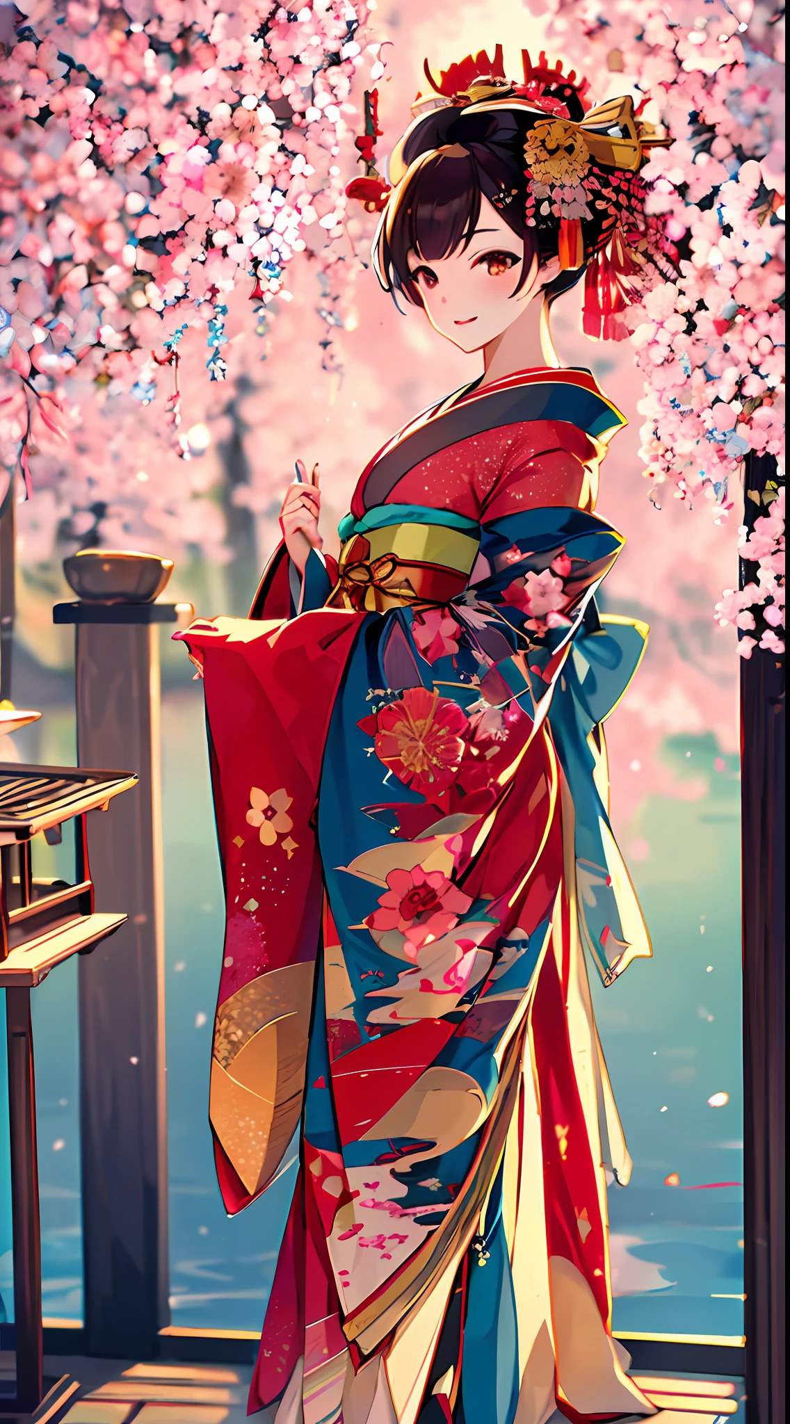 {{{{masterpiece}}}}, {{{hyper detailed}}}, {{{highres}}}, {{good anatomy}}, (((best quality))), ((an extremely delicate and beautiful)), {{an extremely detailed and delicate}}, {8k cg wallpaper}, {{illustration}}, ( Cherry trees background:1.1), bokeh, (chromatic aberration:1.22), mature female, (1girl:1), solo, oiran, (japanese clothes:1.2), hiten1,