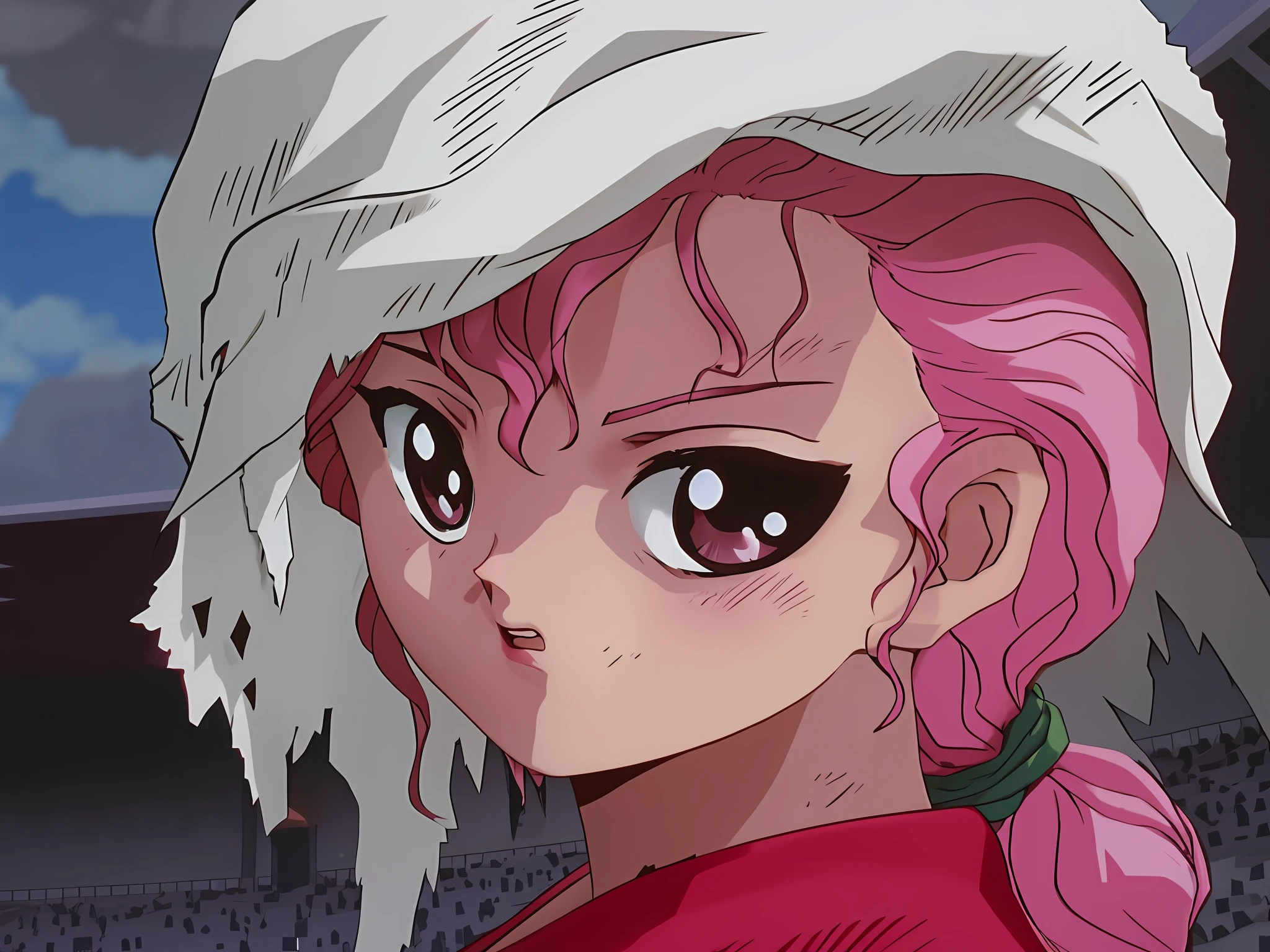 yu yu hakusho, com cabelo rosa, pink iconic character, cabelo rosa encaracolado, coloured manga scan, close up de uma jovem garota de anime