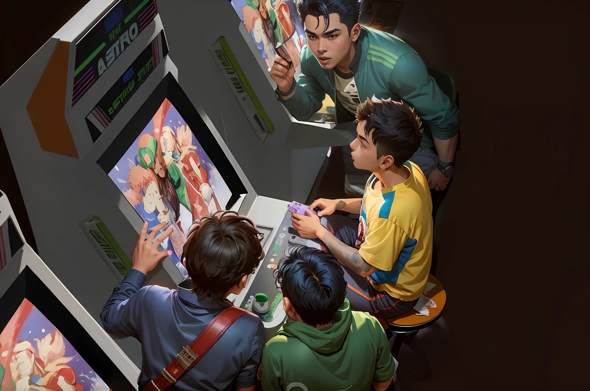 There are two boys playing video games at a small table, Fan art, rob rey and kentaro miura style, inspired by Rudy Siswanto, Game illustration, inspired by Liam Wong, gta chinatowon art style, jc leyendecker and sachin teng, a busy arcade, Playing games, hirohiko araki artwork, rpg game art