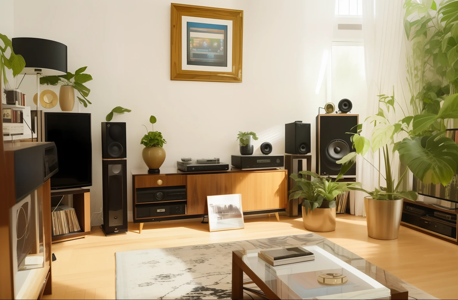 there is a living room with a television, bookshelf, and a coffee table, in a living room, placed in a large living room, audiophile, living room vibe, placed in a living room, apartment of an art student, massive 7 0 s hi fi system, home display, well-appointed space, well - appointed space, professional unique masterpiece