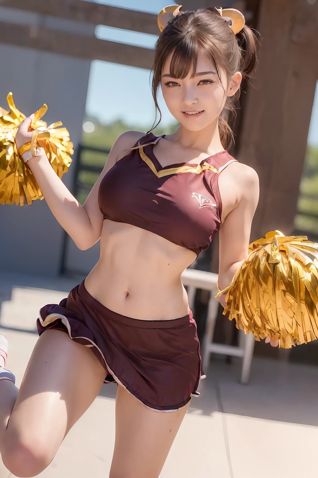((top-quality、in 8K、Photorealistic full-body photography、masterpiece))、fullnude、Back lighting、highly detailed facial textures women、18year old、(((Bull Cheerleader:1.2)))、((No clothes))、((Raise your right foot up))、super-detaild skin、beautiful make up、A detailed eye、A smile、open open mouth、Glossy brown messy ponytail