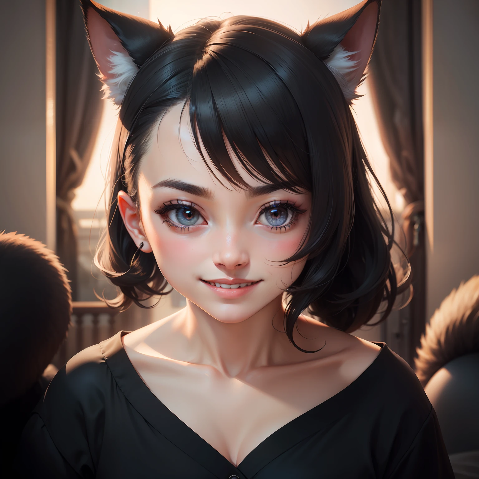 black hair, hair bobbles, wince, longeyelashes, solid circle eyes, fake animal ears, light smile, ear blush, fang, Surrealism, drop shadow, anaglyph, stereogram, tachi-e, pov, atmospheric perspective, 8k, super detail, ccurate, best quality, naked;