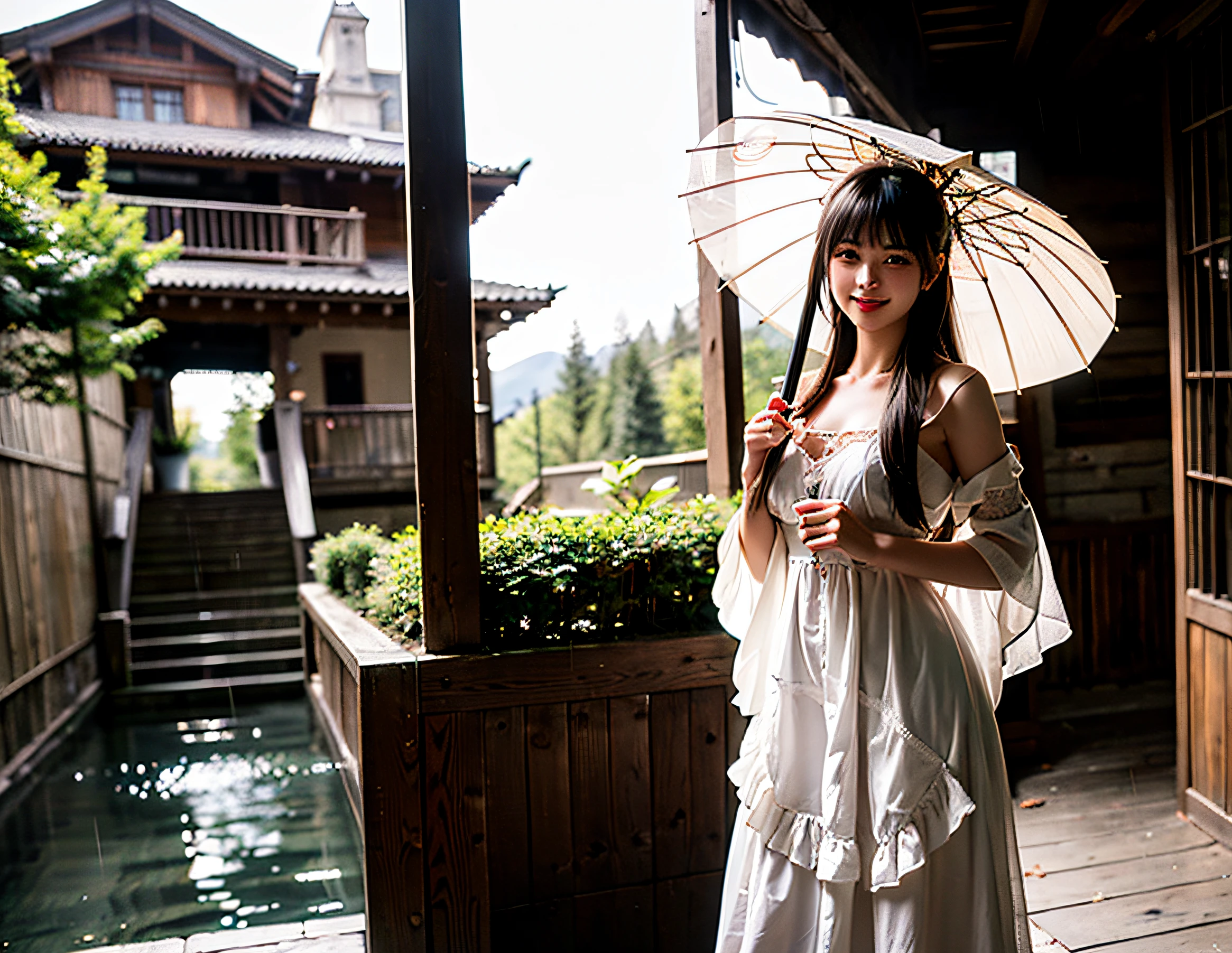 (rainy scene),A girl smiles,Delicate facial features,full bodyesbian,(The character is located on the right side of the frame),Holding an oil-paper umbrella,Ancient courtyard,hallways,ponds,Far Mountain,exteriors,Beautiful and hazy artistic conception