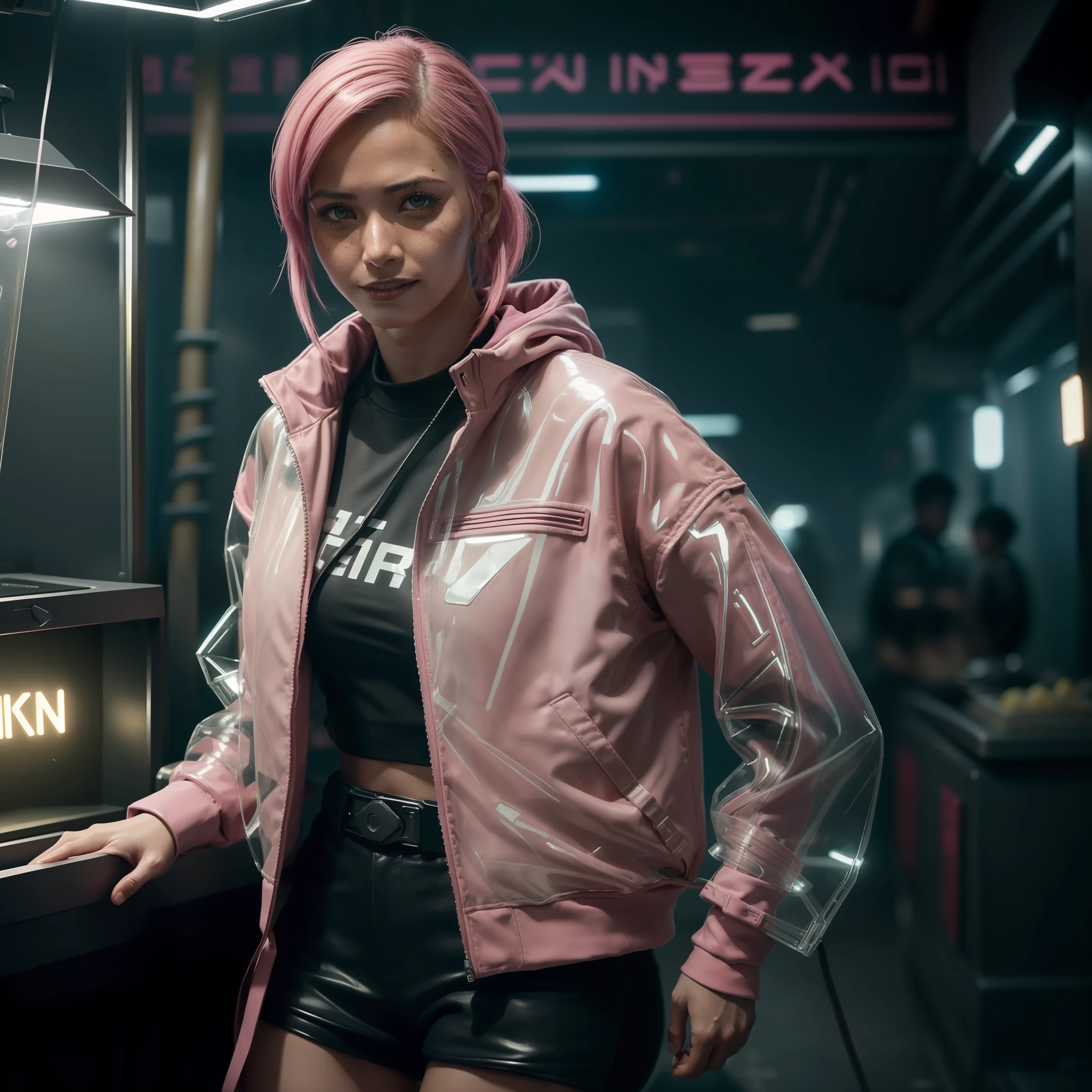 8k, ARTISTIC photography, best quality, masterpiece: 1.2), (realistic, photorealistic: 1.37), over-detailed, (high-detail skin: 1.2), 8k uhd, SLR camera, soft lighting, high quality, film grain, Arri Alexa, cinematic lighting, photonic display, brightness, physically rendered photo ( cyberpunk, cute Female at a Japanese style street food vendor, cute Pink hair ), cute face, blade runner, Yatai ((cute smile)), over-detailed face, ((( Megan Suri ))), (( dressed in a pink bubble jacket )), ((( pink clothes )), ((( minimalistic outfit))), ((( tech wear ))) street food stall in a dystopian future city, mid day (((pure 8K))), (((perfect anatomy))), extremely high-quality graphics, Riddley Scott, Blade Runner, Denis Villeneuve, Cyberpunk 2077 (((cinematic lighting))), ((clear details)), complex, highly detailed background,