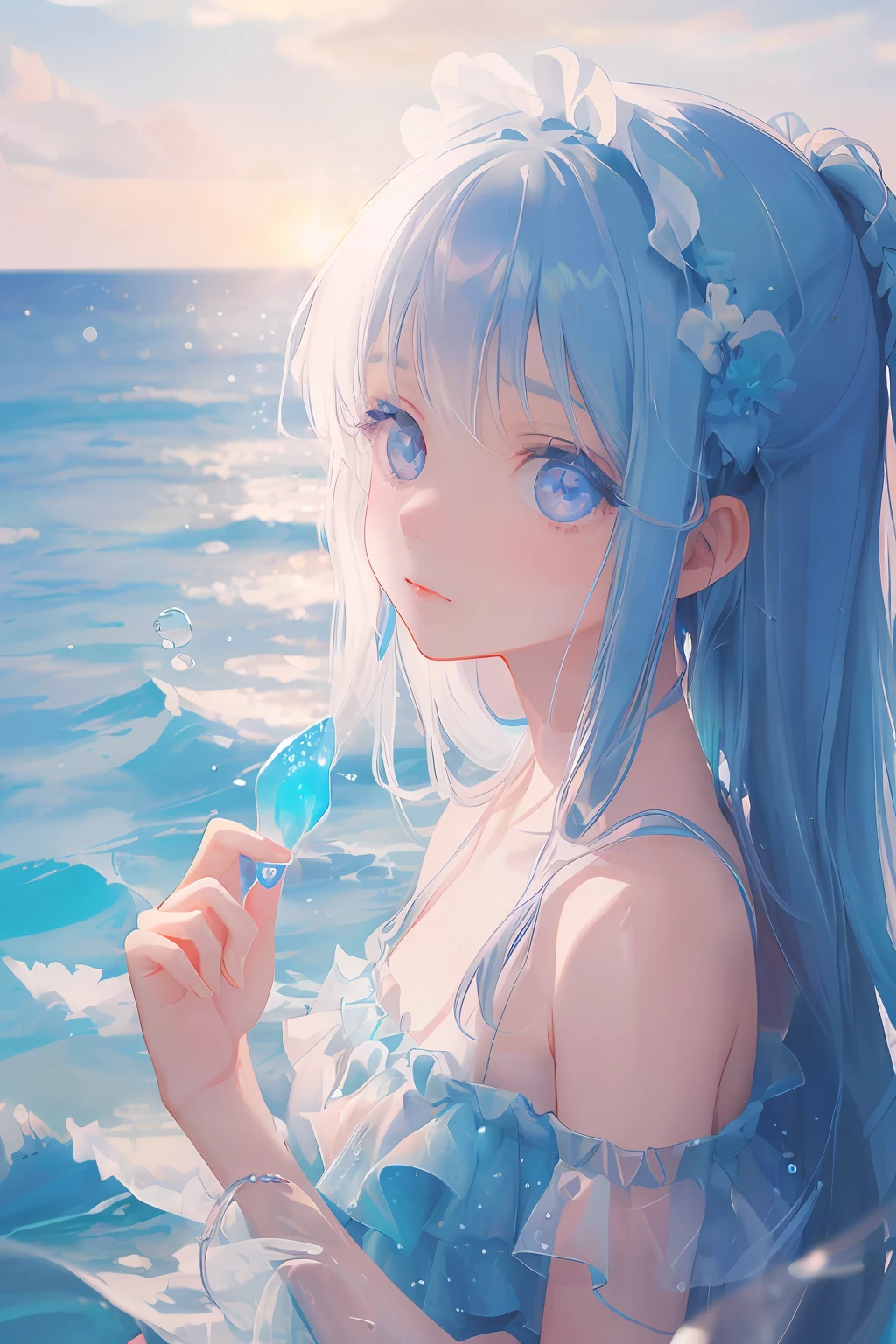 art by Cornflower, dreamy
(a girl who was petite and had beautiful detailed eyes. The depth of field in the photo was perfect, and the lens flare added a nice touch. The finely detailed features of her face really stood out, and the score for this photo was definitely greater than 10. In the background, there was a beautiful ocean with crystal clear water and water droplets on the surface. It was a stunning photo that really captured the beauty of the girl and the water.)