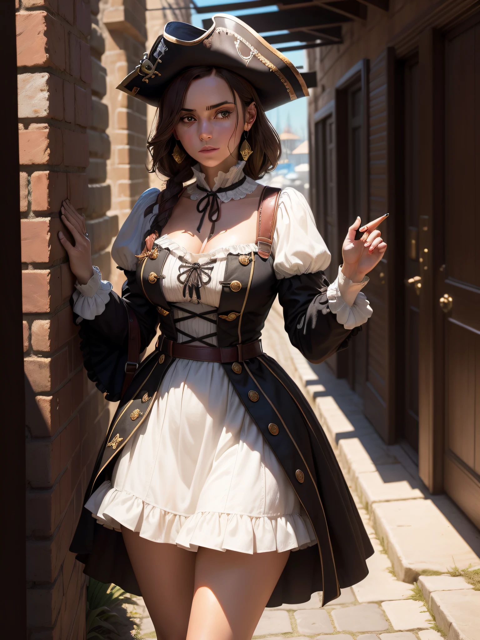 Experience Anne's seductive presence, uma contrabandista astuta com talento para o charme. Dressed in a short, practical pirate outfit, She sneaks through the shadows of a port city under the moonlight, exalando um ar de intriga e aventura.]