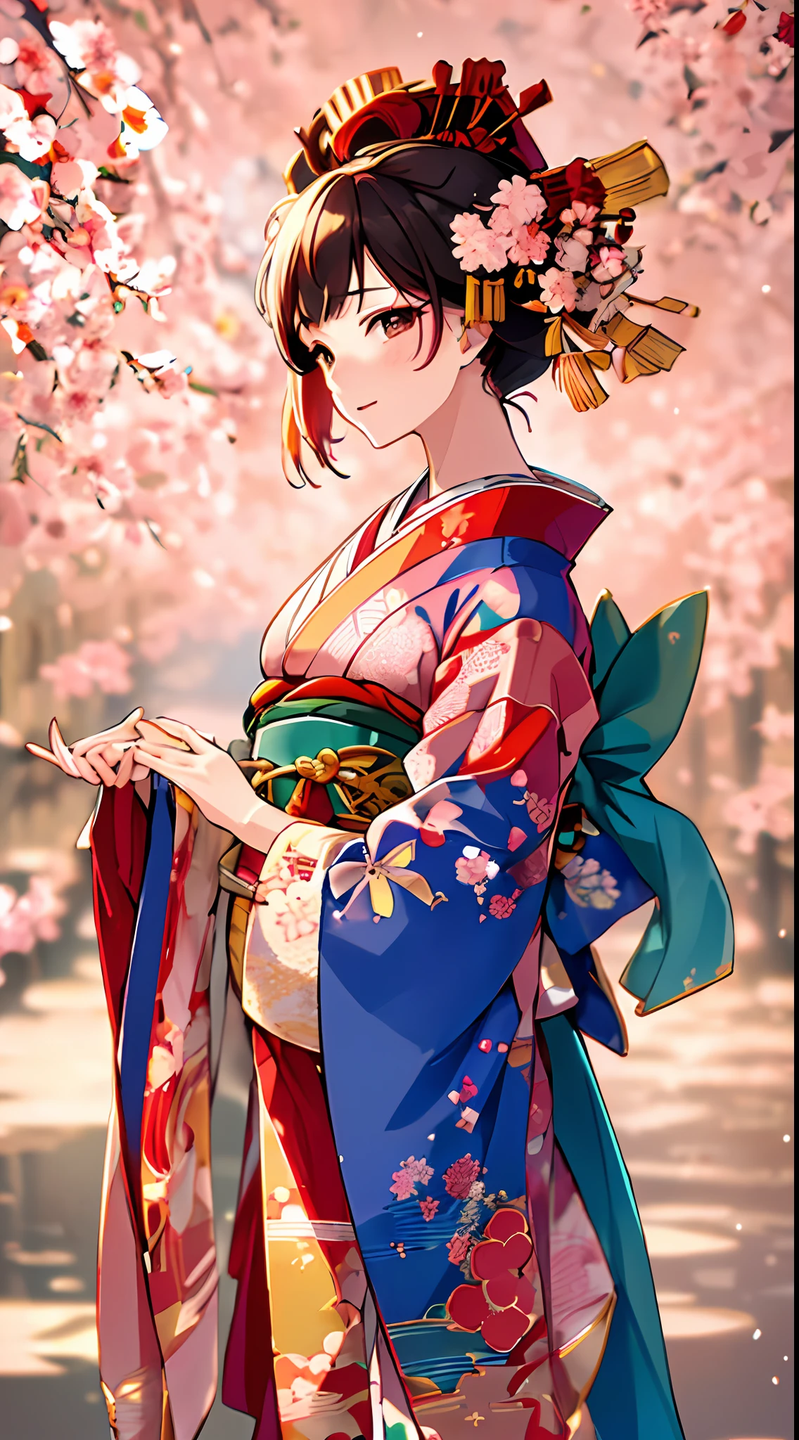 {{{{masterpiece}}}}, {{{hyper detailed}}}, {{{highres}}}, {{good anatomy}}, (((best quality))), ((an extremely delicate and beautiful)), {{an extremely detailed and delicate}}, {8k cg wallpaper}, {{illustration}}, ( Cherry trees background:1.1), bokeh, (chromatic aberration:1.22), mature female, (1girl:1), solo, oiran, (japanese clothes:1.2), hiten1,