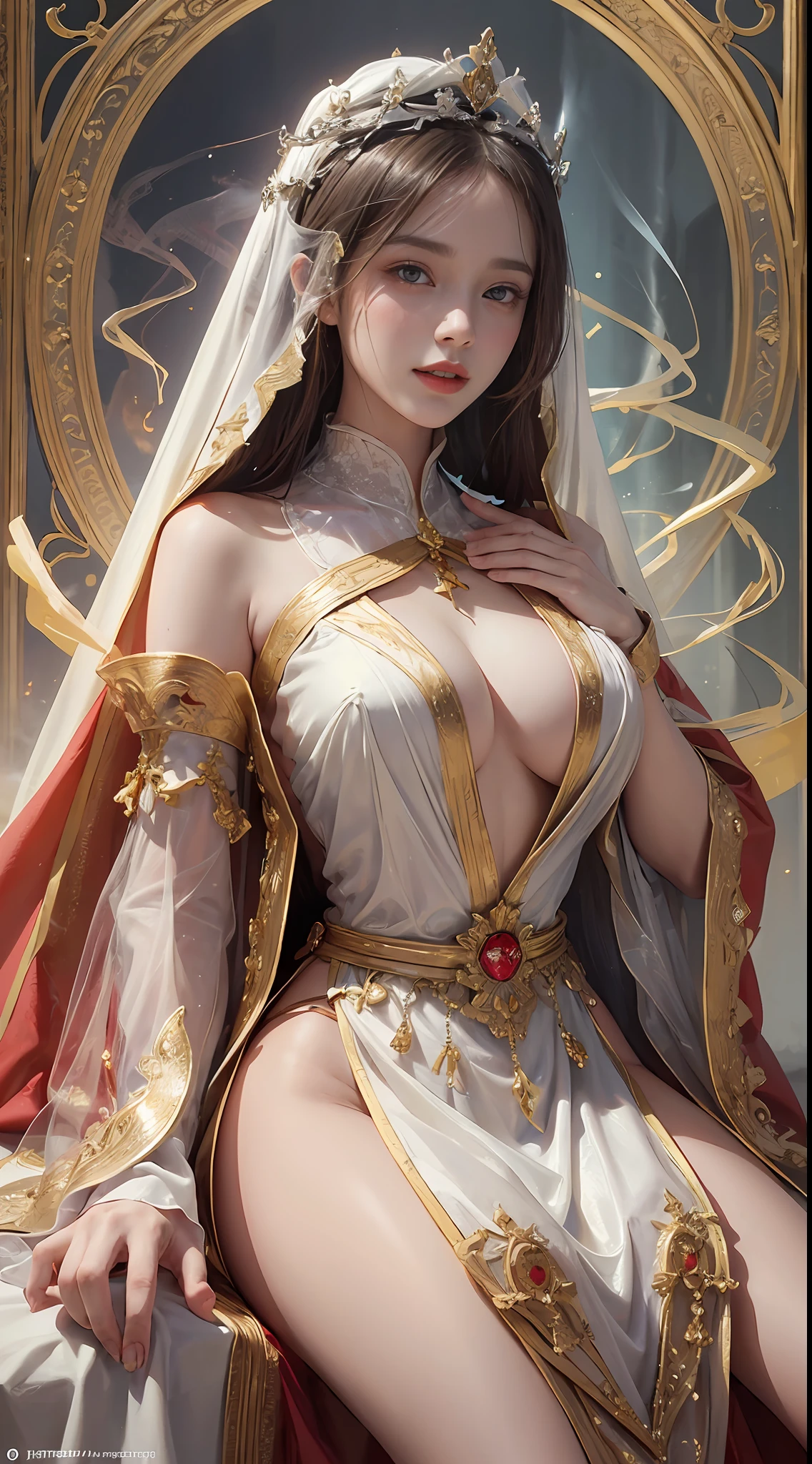 1 beautiful 27-year-old saint, charming adult saint in a long dress made of thin silk, flawless beautiful face, wearing a thin multicolored silk dress, (((Natural smile:1.0))), ((flat bangs:0.5)), (((platinum long hair:0.8))), big crown, hair brooch, hanfu dress, fanciful hanfu style, full body jewelry, forehead tattoo, super even chest, woman face, beautiful and pretty face, ((even porcelain teeth: 0.8)), The most beautiful and detailed light red lipstick, ((Thin plump lips:0.3)), ((Golden Eyes color:1.0), Detailed and delicate lighting effects, light and dark, dramatic lighting, magical light, extremely detailed light, true color, super sharp, realistic, 8k quality, fantasy universe background, saints and magical space, the most detailed images, ((Solo:0.3)), ((a saintess:0.6)), ((looking directly at the saint's upper body:0.4)), upper body, ((smooth skin:0.5)), ((the holy woman's veil:1.2)), ((solo:1.3)), ((alone girl:1.3)), female saint portrait, short images, Upper body portrait, (((open mouth:0.6))), Digital Realistic, ((fanciful red smoke effect:1.2)),