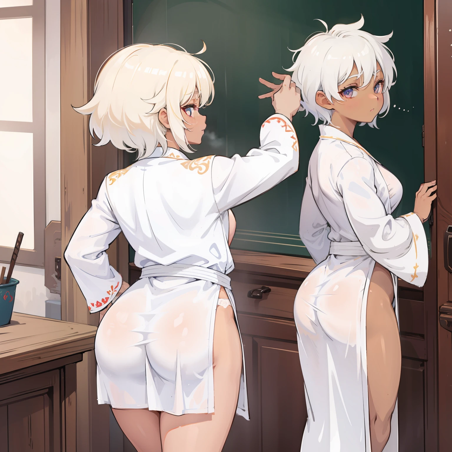 1woman, tanned skin, short white hair, muscular, (wearing embroidered robe), from behind pov