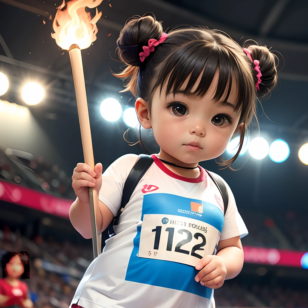 A cute chubby ,Double bun and bangs,Holding the Asian Games torch