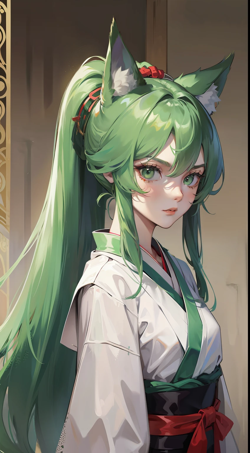 Tall guy, long green hair,high ponytail, Green eyes, wolf ears, Hanfu, a sword, A serious look, Masterpiece, hiquality
