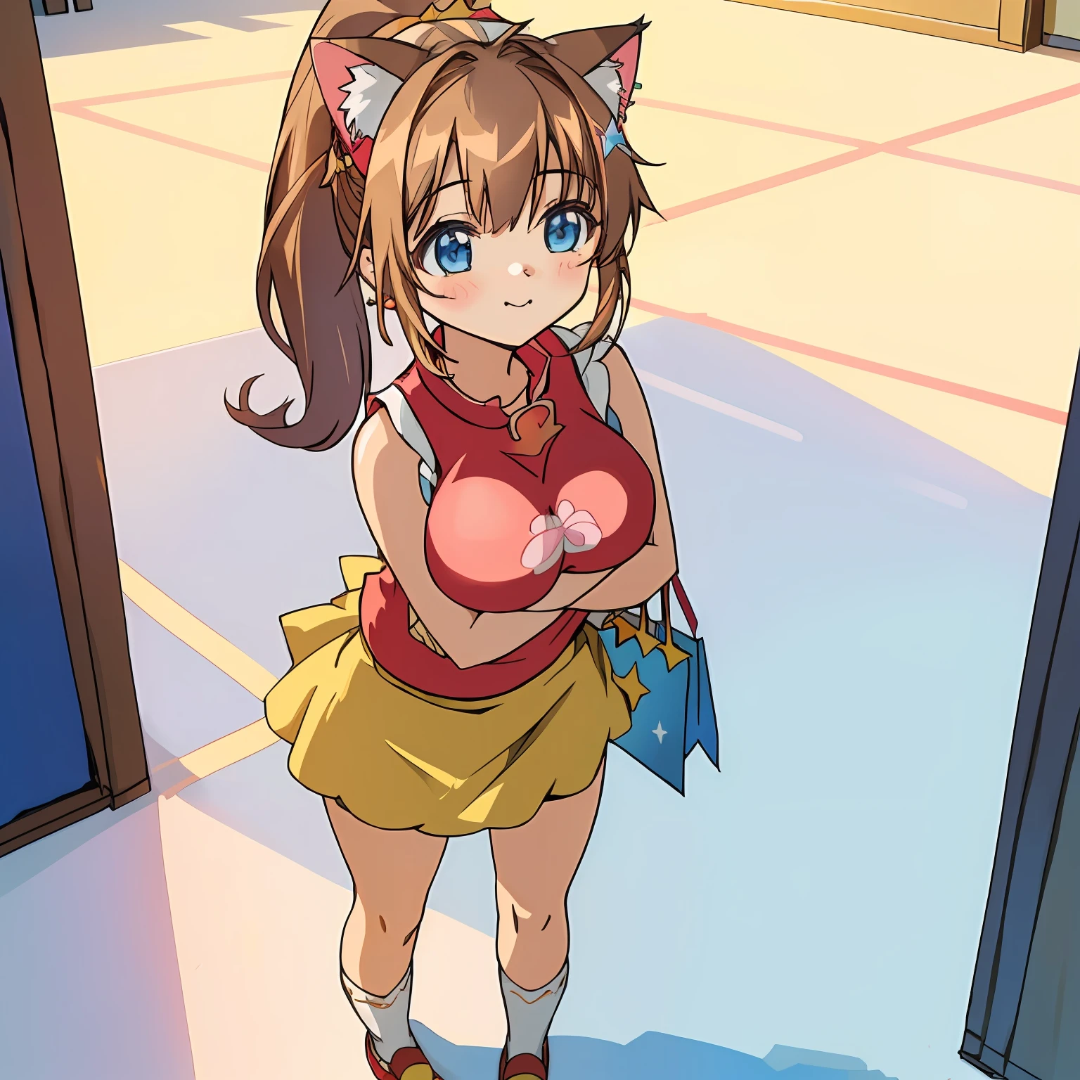 (Highly detailed CG Unity 8k wallpaper), (Best Quality), (Super Detail), (Best Illustration), (Best Shadow), POV, Realistic lighting and shading, Natural light, Lens flare effect, BREAK, 1 beautiful girl, Solo,(Cute:1.5),(Chibi:0.8), (kawaii:1.5),(Lori:0.5), BREAK, ( ( girl), Very detailed, colourfull, highest details, BREAK, (Huge breasts: 1. 2,), Clear skin, Beautiful skin, Shy skin, 1 beautiful girl, Brown hair, (Cat ears, Ponytail, medium-Long hair: 1. 2), (Light blue eyes, long eyelashes, Double eyelids: 1. 2), Solo, gleaming skin, BREAK,(skirt by the,a miniskirt,Panchira:1.2), (Sleeveless, sleeveless shirts, Red Shirt:1.2), (star-shaped earring:1.1), (Lace headband:1.0), (Cute Accessories:1.3), (A smile,Happiness:1.1), (is standing,Slouched:1.3), Holding red string panties in her right hand, (Angle from the front:1.1), BREAK, (Shopping Dating:1.2),(Women's Underwear Shop:1.5),(Multiple female customers)