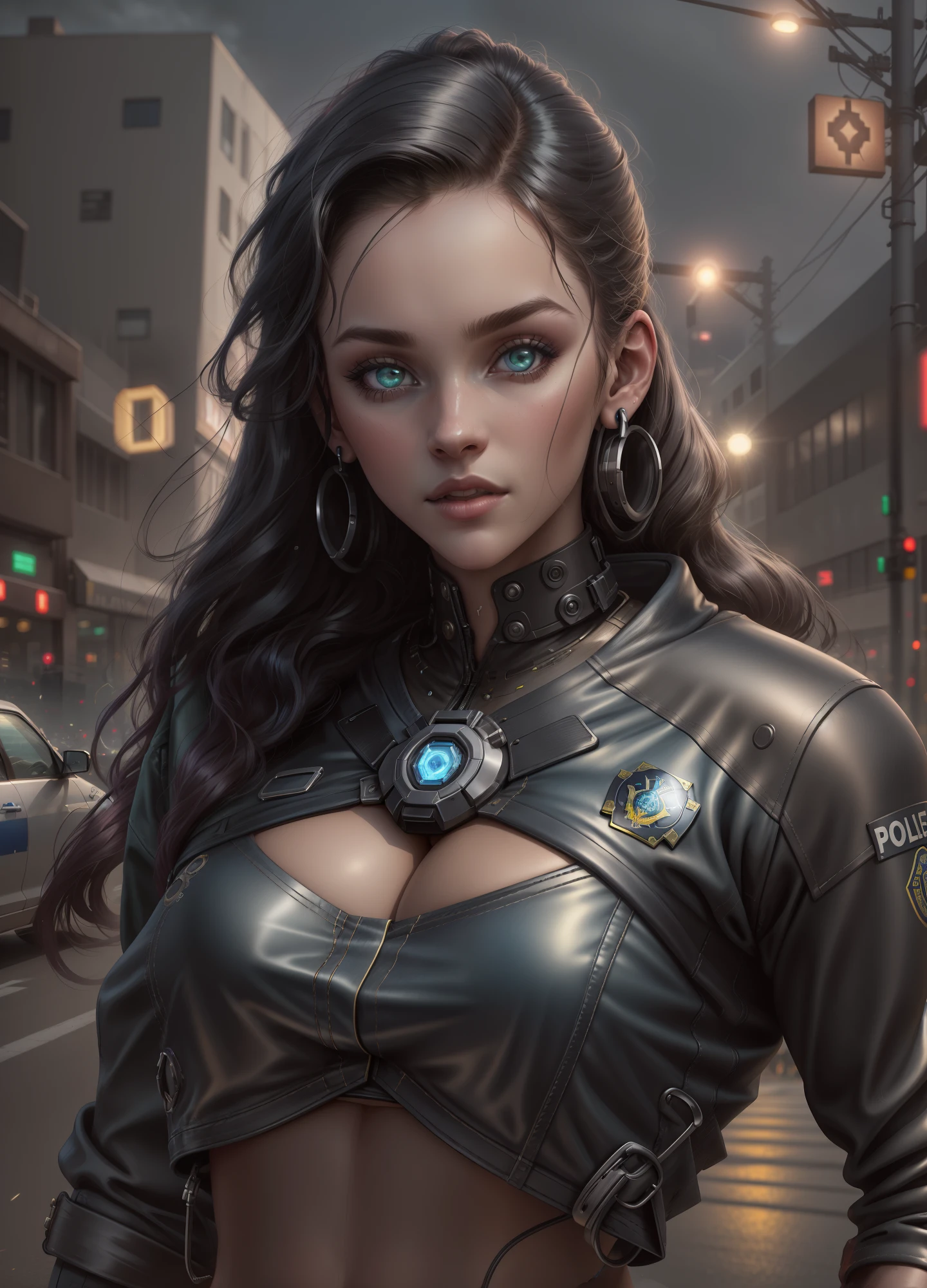 close-up Retrato de megfo como uma bela modelo feminina, Megan Raposa, rosto bonito, decote, com cabelo castanho escuro curto, In the Cyberpunk City at Night. She's wearing a leather jacket, jeans preto, lighting dramatic, (police badge: 1.2) Neon light, letreiros, Carros, heaven, HDR,4k, ray tracing, obra-prima