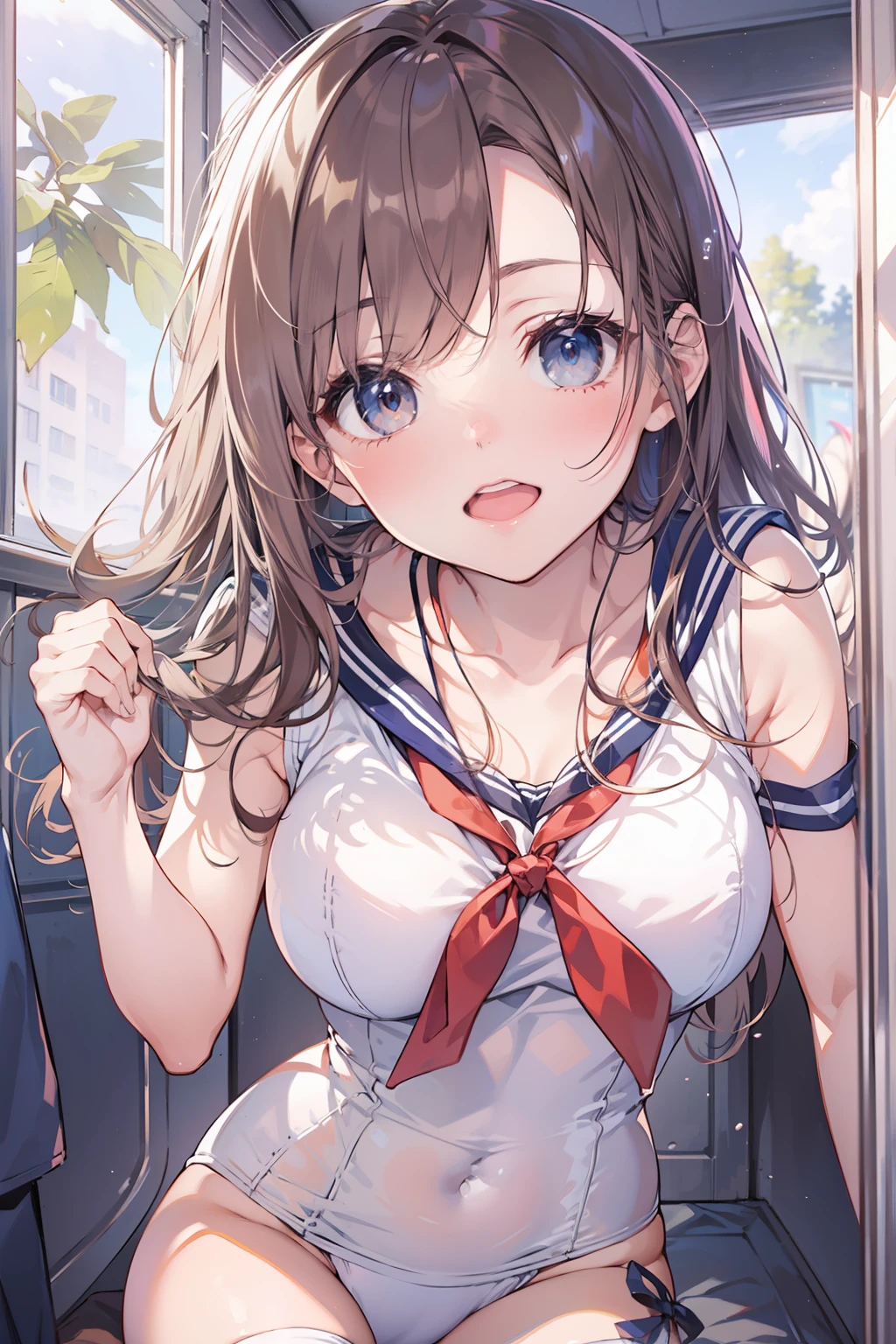 high-level image quality、top-quality、Detailed drawing、Vibrant colors、Does not blush cheeks、Slender adult beauty、Sailor School Swimsuit、Small eyes、knee high、Stockings、Medium chest、Inner thigh-sitting、Petanko sitting、Straight and beautiful hair、Hold your chest and crotch with your hands、Hide your chest and crotch with your hands