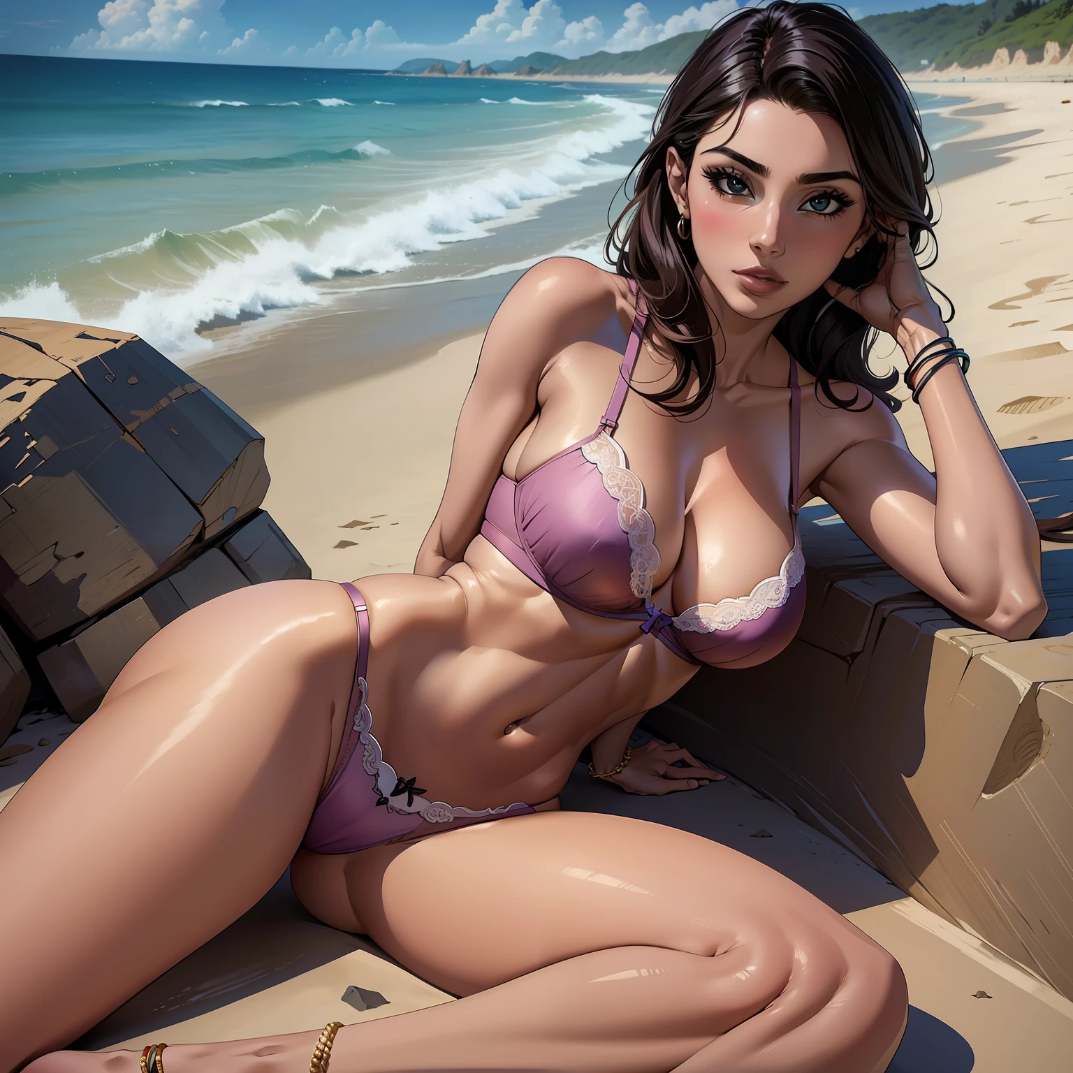 Alta qualidade, Mulher, cabelos loiros, na praia, dressed in panties and bra, pose dinamica, olhos azuis.