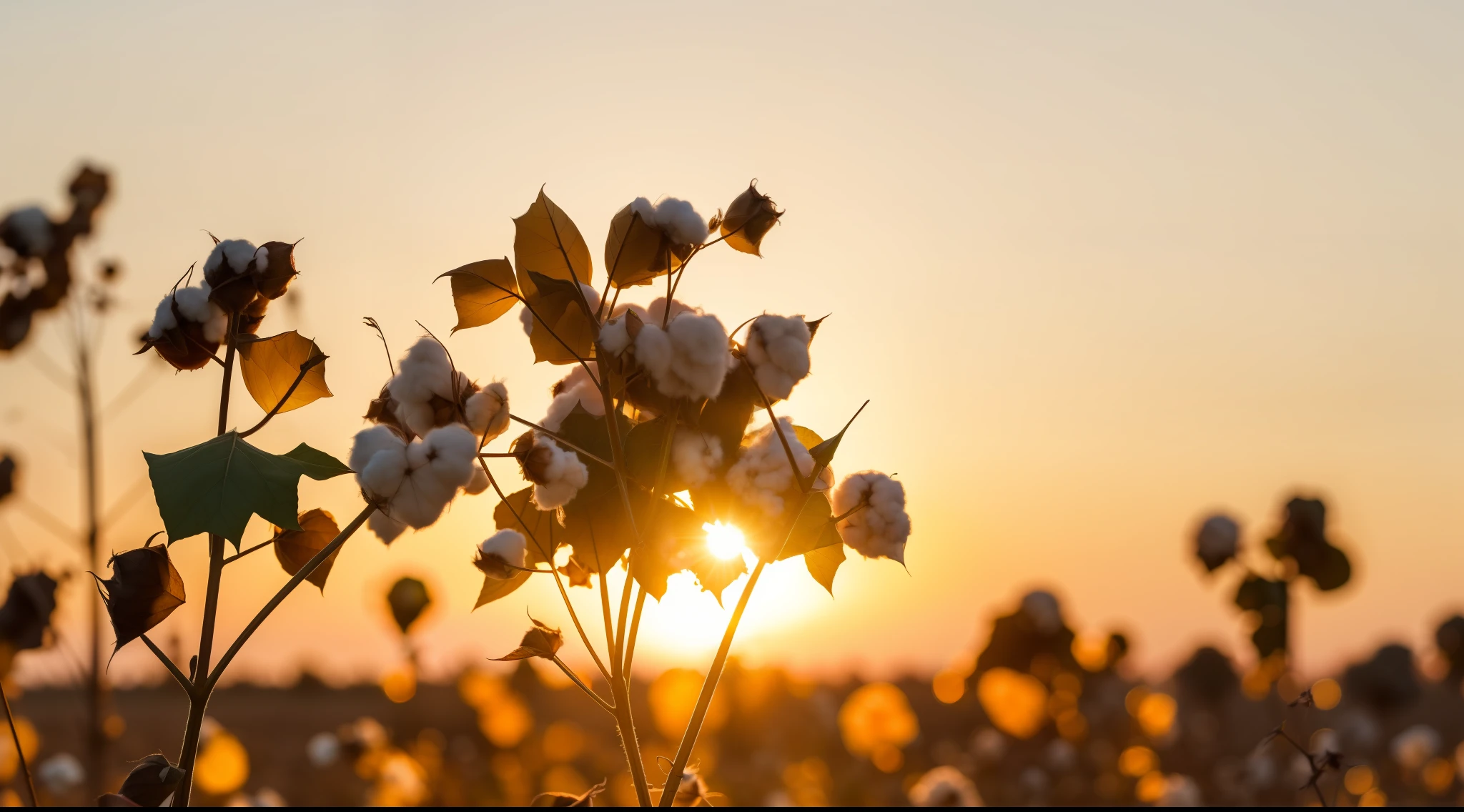 a close up of a field of cotton plants with the sun setting in the background, lots of cotton plants, cotton, lots of white cotton, soft golden light, bathed in golden light, cotton clouds, golden morning light, golden hour sunlight, golden sunlight, soft morning light, morning golden hour, shining golden hour, lined in cotton, beautiful sunny day