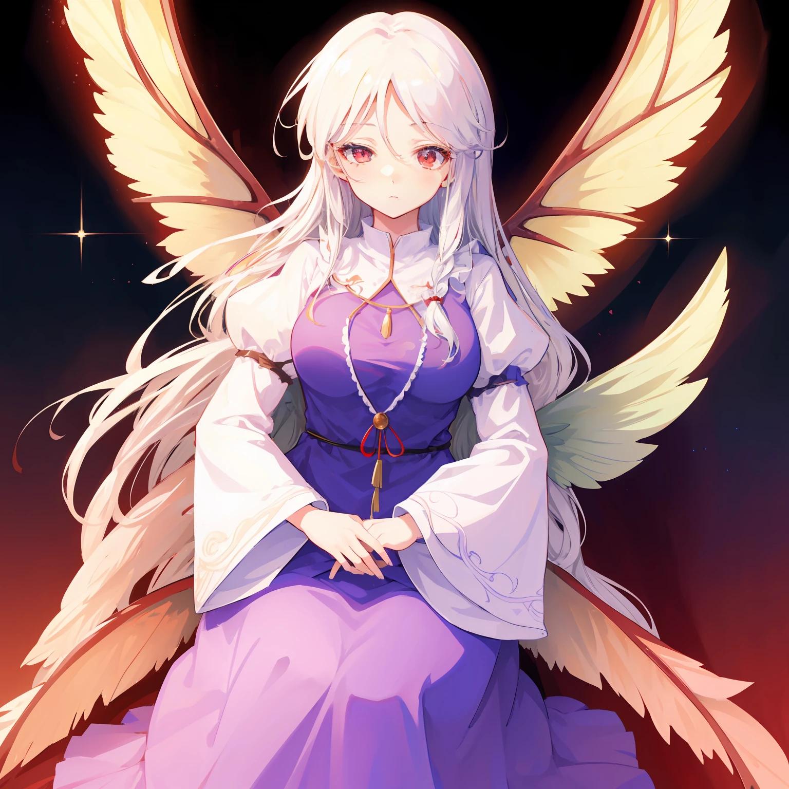 masutepiece, Fine detail, 4K, 8K, 12K, Solo, 1 person, Beautiful Girl, caucasian female, Sariel, Touhou Project, White hair, Red Eyes, Wings, Blue clothes, cana, Dream fantasies, cosmic background, nigh sky, Milky way, Milky way