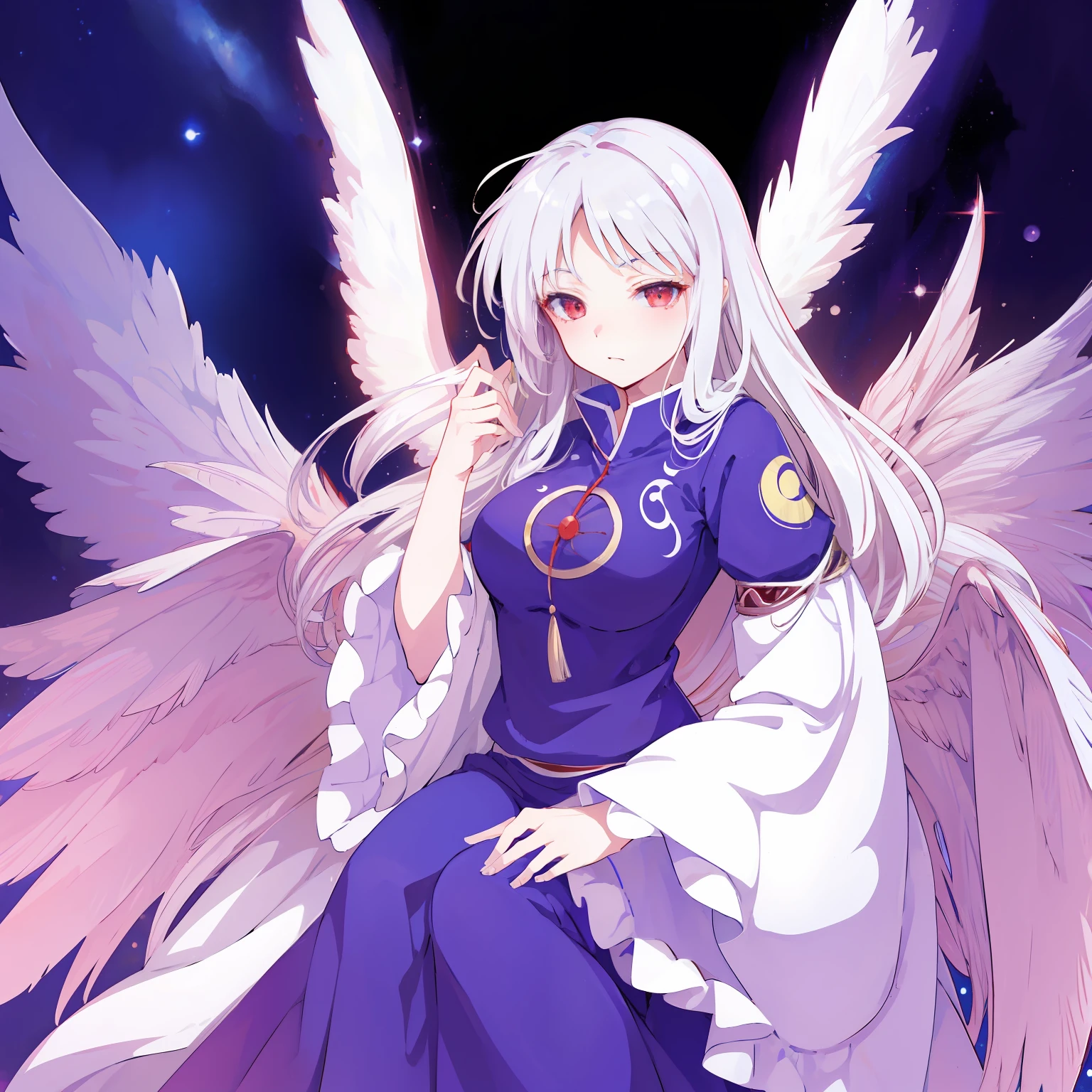 masutepiece, Fine detail, 4K, 8K, 12K, Solo, 1 person, Beautiful Girl, caucasian female, Sariel, Touhou Project, White hair, Red Eyes, Wings, Blue clothes, cana, Dream fantasies, cosmic background, nigh sky, Milky way, Milky way