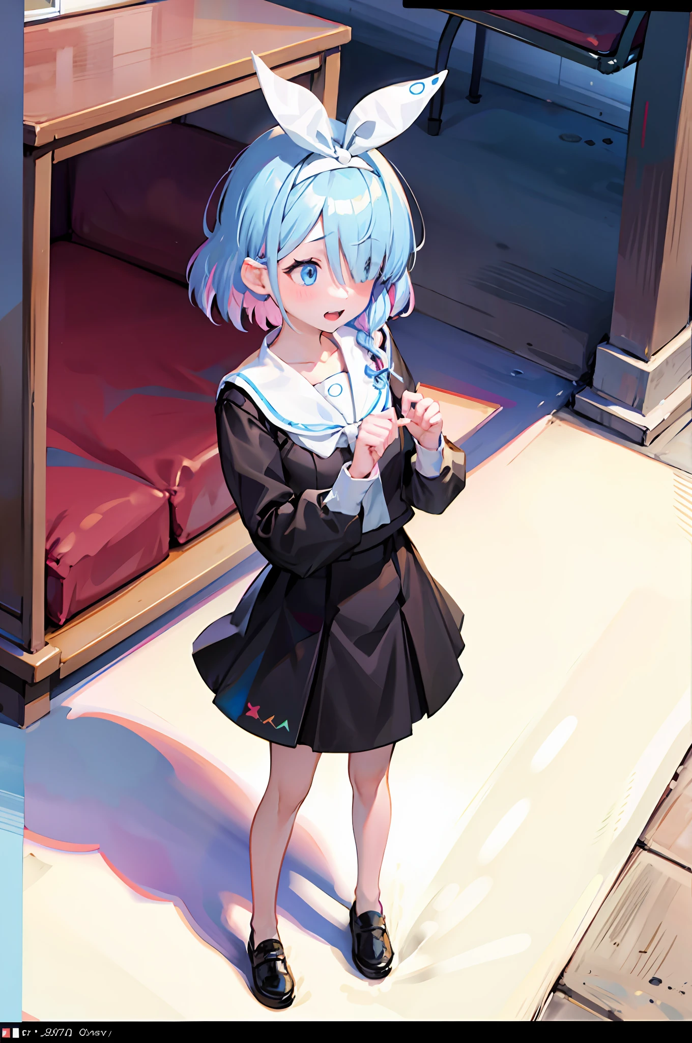 Braids,short-hair,girl with,Anime style,Black sailor suit