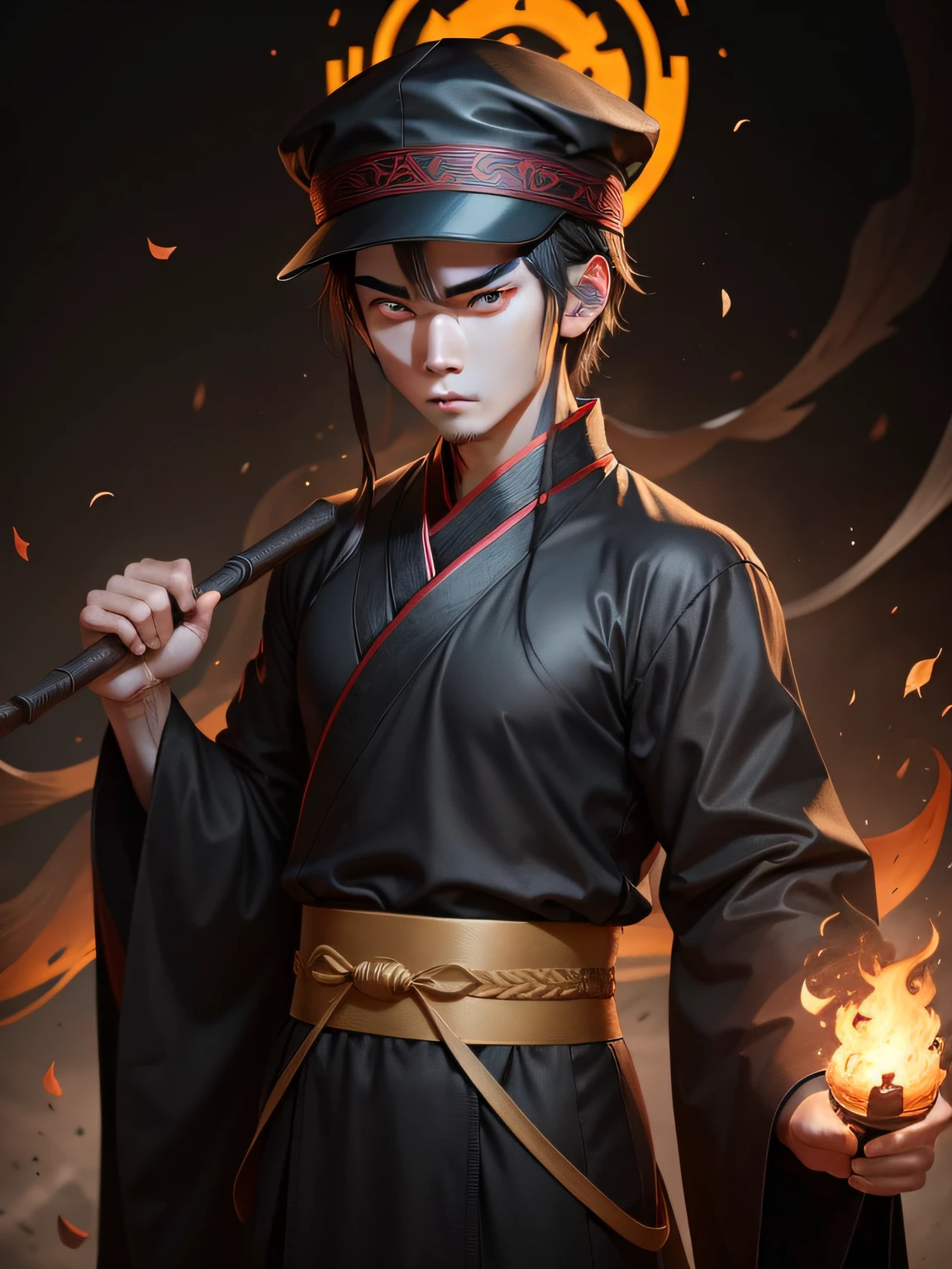 of a guy，Wear a black cap，Wear black Hanfu，The eyes are fierce，torches，