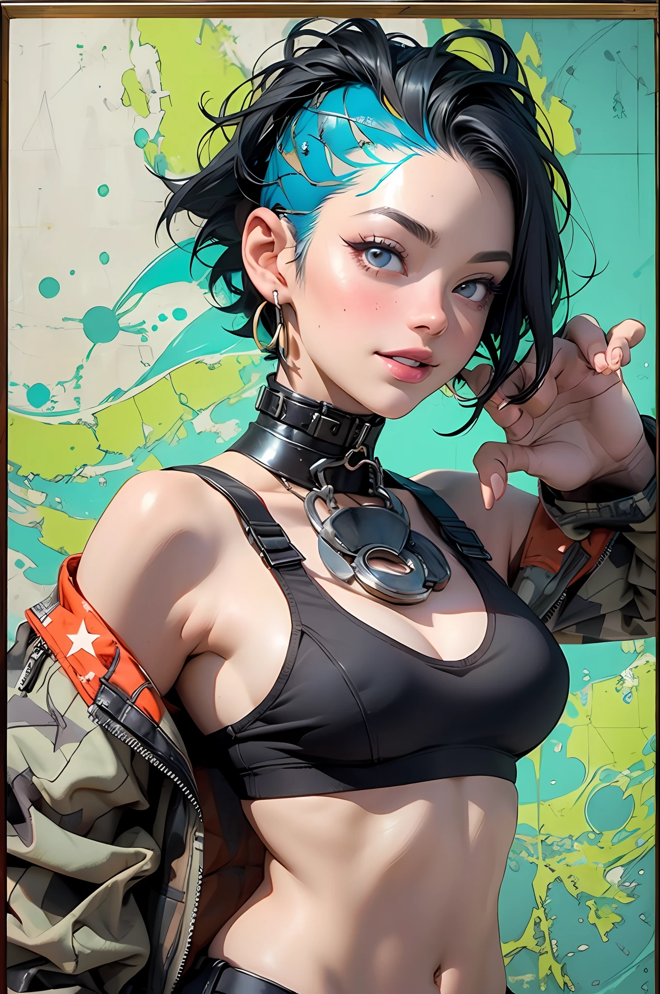 ((( corpo inteiro ))), master part, best quality, super detalhe, 8k, mulher linda, Tank Girl com cara de maluca, sorriso malicioso , usando um capacete de guerra, (((corpo inteiro))), cabelo moicano colorido, garota punk, post-apocalyptic world, ((  do tanque )), Nijistyle, roupas rasgadas e sujas, moicano curto, sides of shaved head, rosto limpo, corpo inteiro