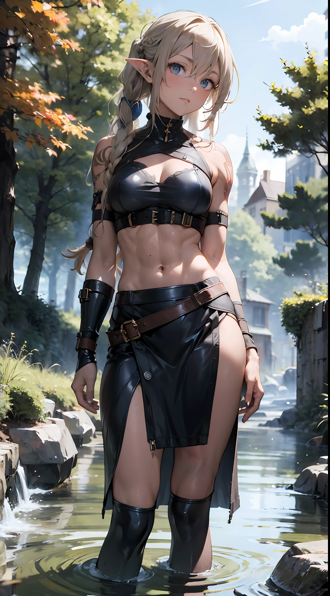 Senior elven warrior woman, (Young:1.2), (Muscular:1.2), coalescence, Wearing brown furs and hides, (Wear fur:1.3) (Blue Nordic tattoo:1.2), Blue eyes, Platinum blonde hair, (dreadlocks:1.7), (dreads:1.4), (Sideways:1.6), Warrior hair, Vast forest in summer, The stream flows, Bare arms, Exposed Navy, (Abs:1.2). Highly detailed, nordic, archer, Arm muscles, Leg muscles, (hulking:1.2), leather straps, (Tall:1.4)