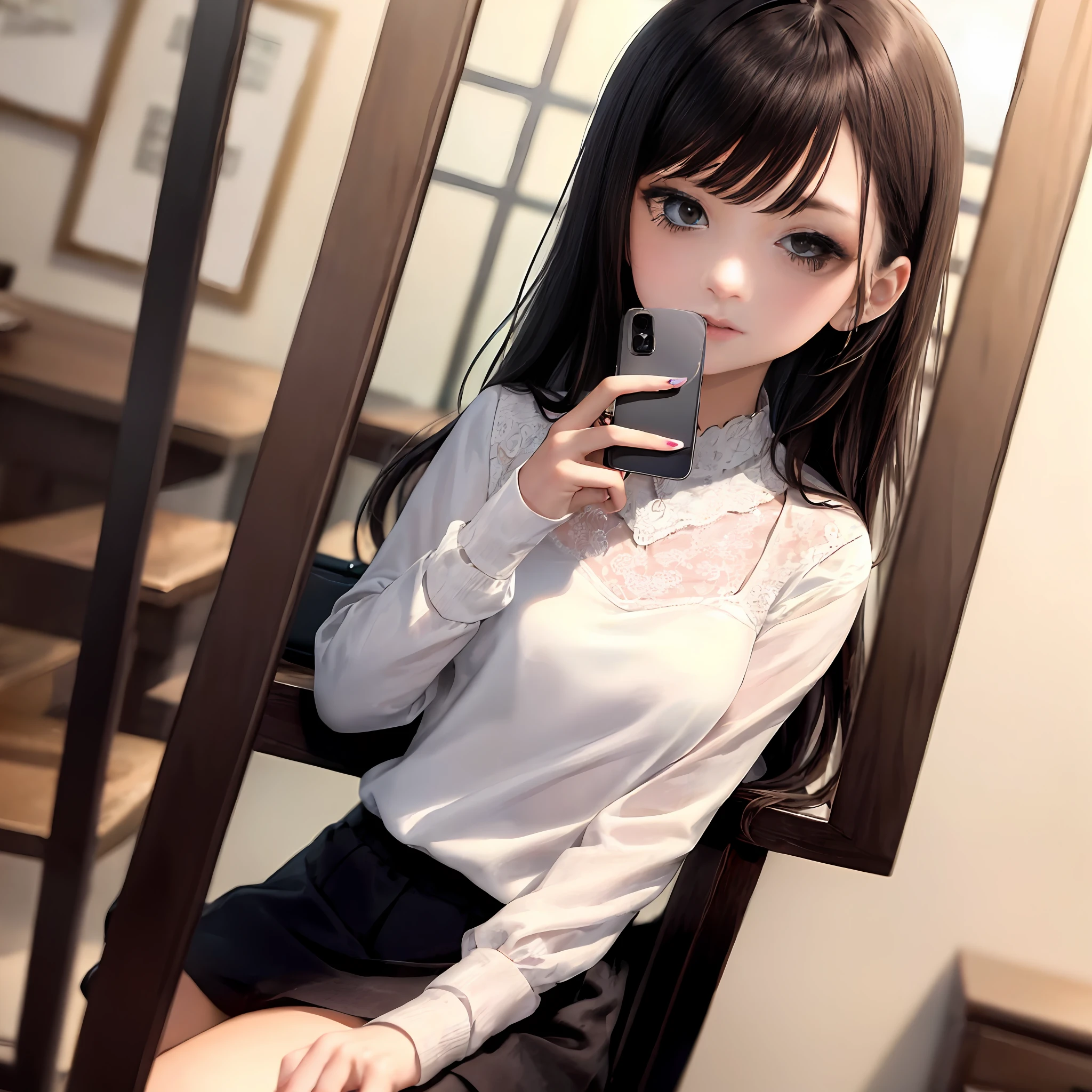 1girll, (Masterpiece:1.1), (Best quality:1.1), (White blouse:1.1),Holding a cell phone in one hand,Keep your mouth open