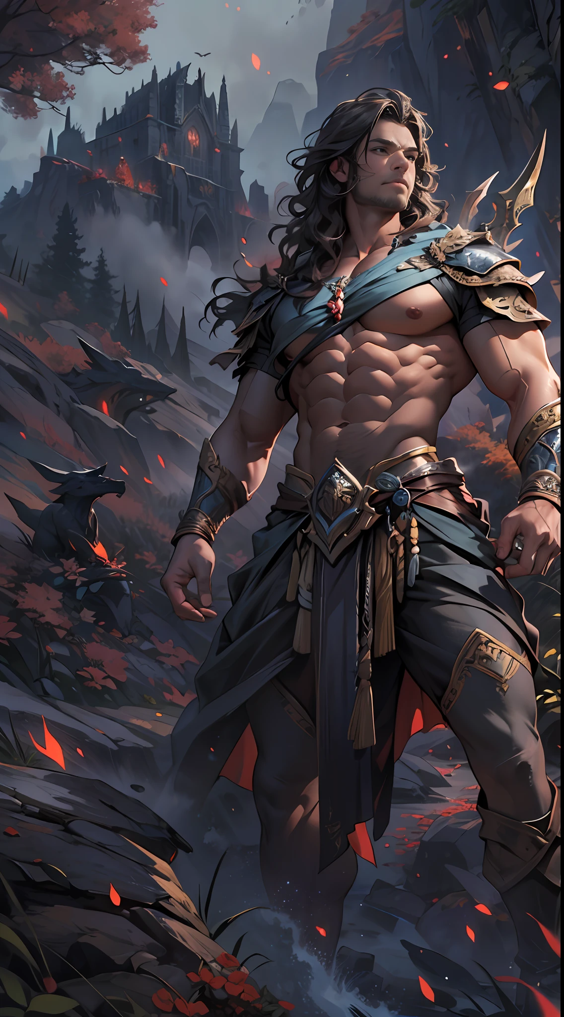 Powerful warrior, upper torso unveiled, lower body uncovered from thighs to feet, cascading long curls, meticulous muscle definition, lifelike depiction, 4K resolution. Background: Mythical fantasy landscape.,32k uhd, best quality, masterpiece, super detail, high details