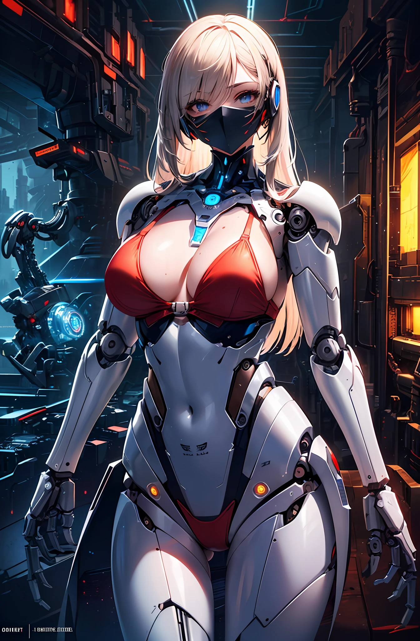 Top quality, super detailed, Super detailed details, fine detail, incredibly beautiful, robot, beautifully detailed eyes, (feminine machine body), (machine joints, machine limbs:1.3), mechanical skin, (Machine internal structure exposure:1.2), (red long hair), (mechanical bikini armor), cowboy_shot, side focus, shiny, (cyber tech punk mask), cyber punk,