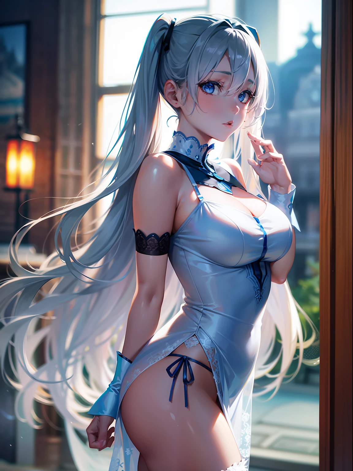 (tmasterpiece,best qualtiy,ultra - detailed,A high resolution),s the perfect face,Sideslit,Glossy glossy skin,standing on your feet,white lace chemise,Blue Themes,(Fantasy mecha),Lace,white thighhig,((lace decorations)),,gorgeous,the motorcycle
(full bloom), (shine), illuminating, Ray traching, ((science_fiction)), exteriors, depth_of_field, the night, Winters,
Kamigawa,Silver Eyes,Hair above one eye,(hair adornments), curtains,high-heels,long whitr hair,pigtails