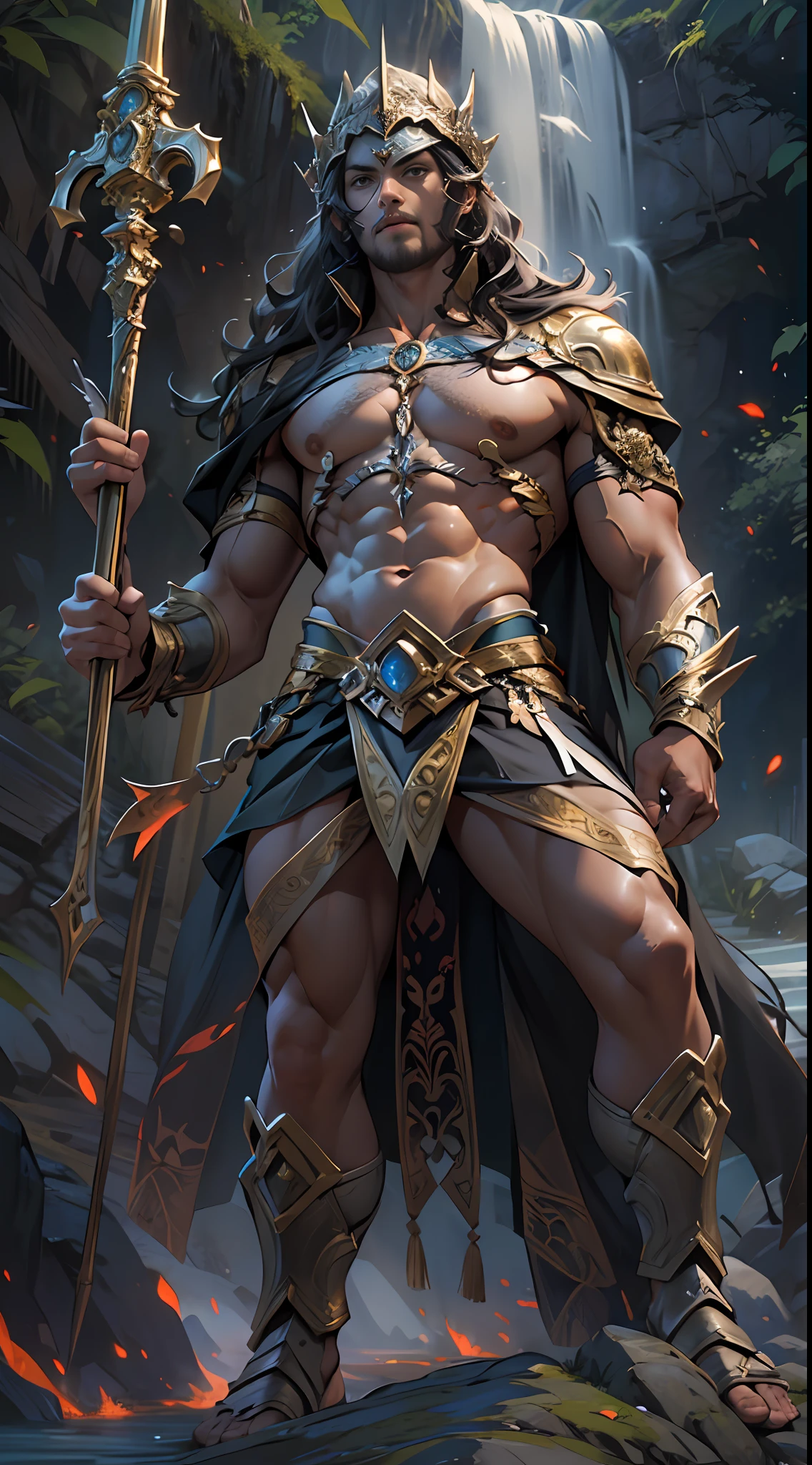 Powerful warrior, upper torso unveiled, lower body uncovered from thighs to feet, cascading long curls, meticulous muscle definition, lifelike depiction, 4K resolution. Background: Mythical fantasy landscape.,32k uhd, best quality, masterpiece, super detail, high details