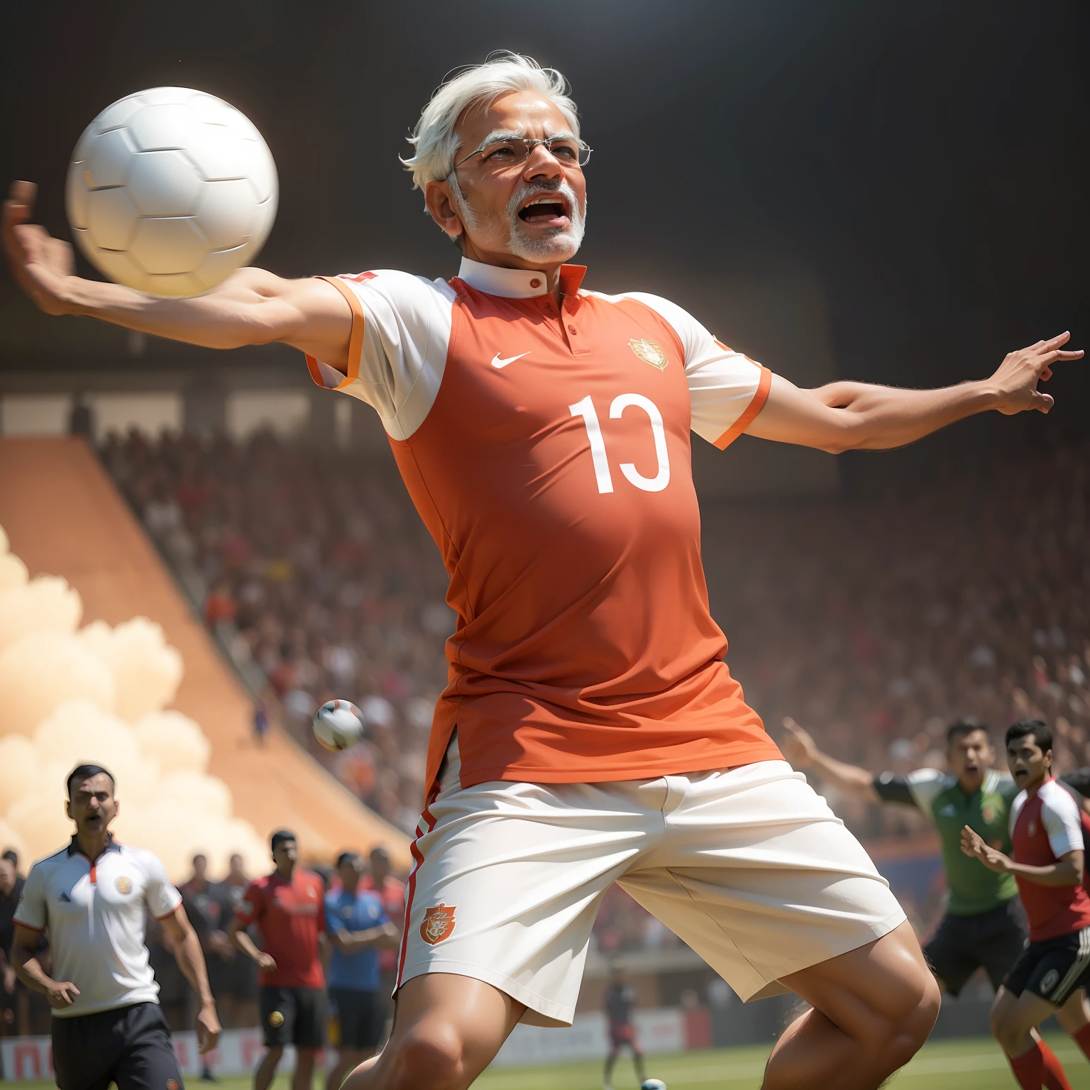 "Dynamic shot of Prime Minister Modi passionately playing football with exceptional skills and enthusiasm."