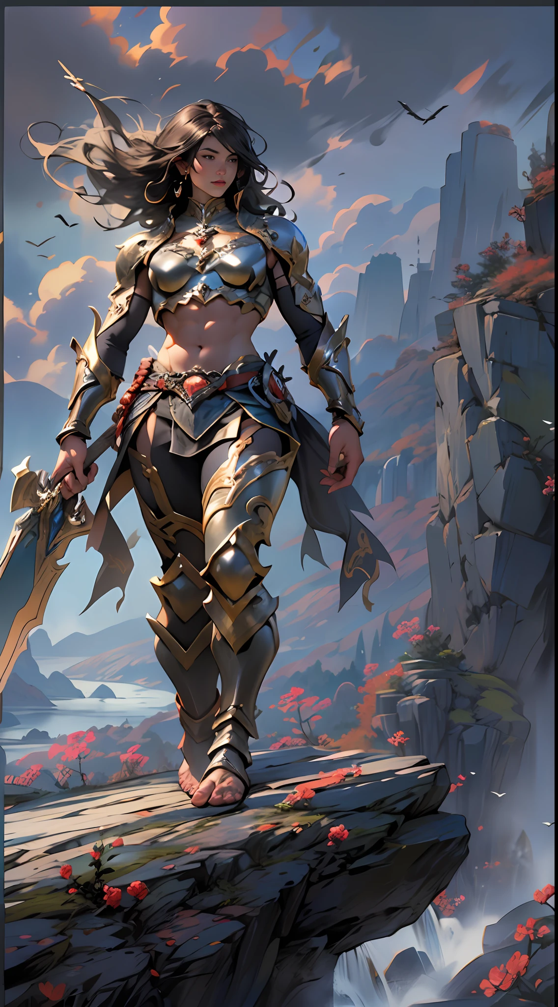 Powerful warrior, upper torso unveiled, lower body uncovered from thighs to feet, cascading long curls, meticulous muscle definition, lifelike depiction, 4K resolution. Background: Mythical fantasy landscape.,32k uhd, best quality, masterpiece, super detail, high details