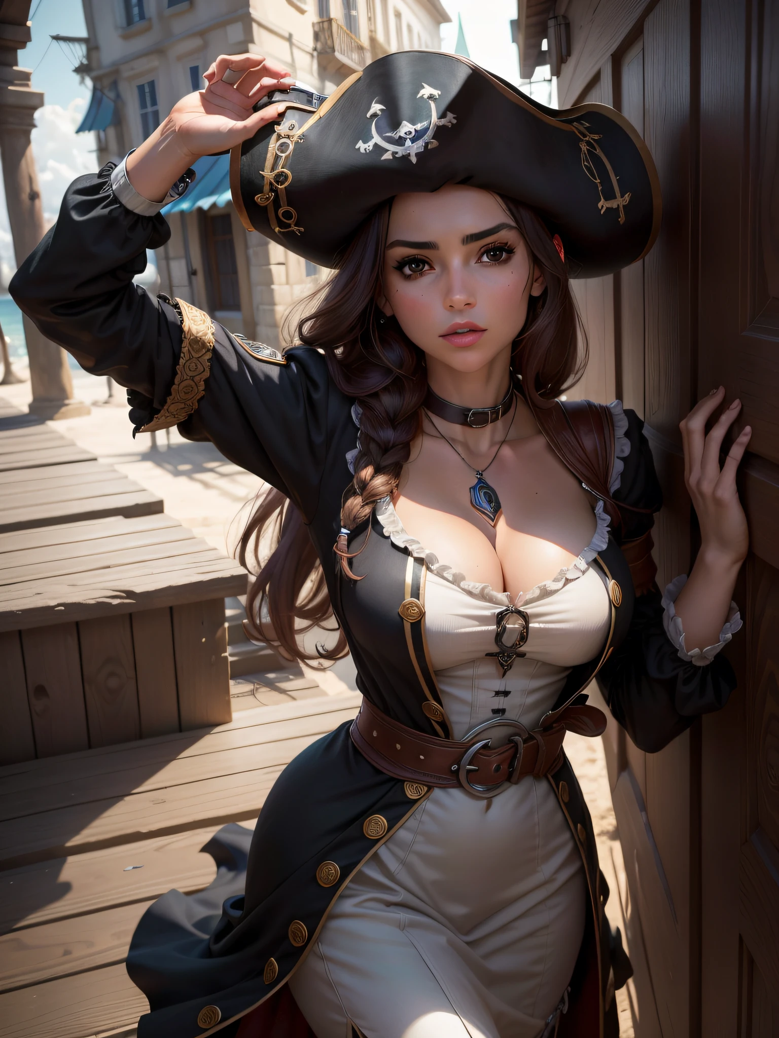 Experience Anne's seductive presence, uma contrabandista astuta com talento para o charme. Vestido de bermuda, practical pirate clothing, She sneaks through the shadows of a port city in the moonlight, exalando um ar de intriga e aventura.]