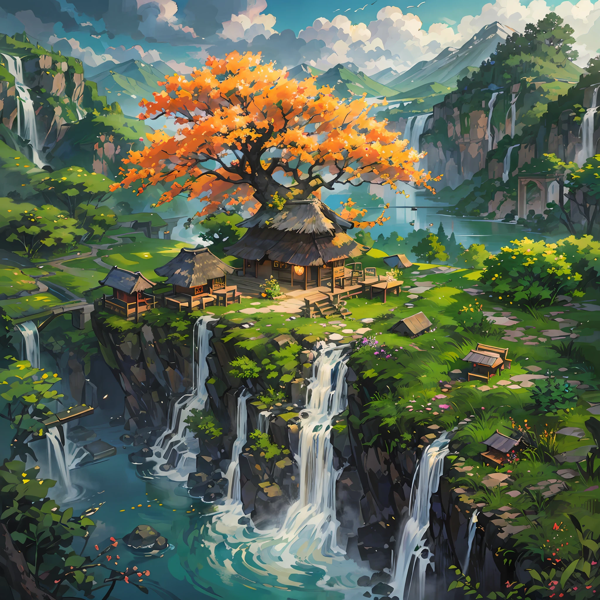 There is a huge ancient tree in the middle of the picture,Exudes a golden glow,thatched hut、springtime、jungles、lakes、waterfallr、grassy fields、Rochas、hot onsen、hydrosphere、surrounded by cloud,(illustratio:1.0)、Epic composition、Realistic lighting、high definition detail、tmasterpiece、Best quality,(非常详细的 CG 统一 8k 壁纸)