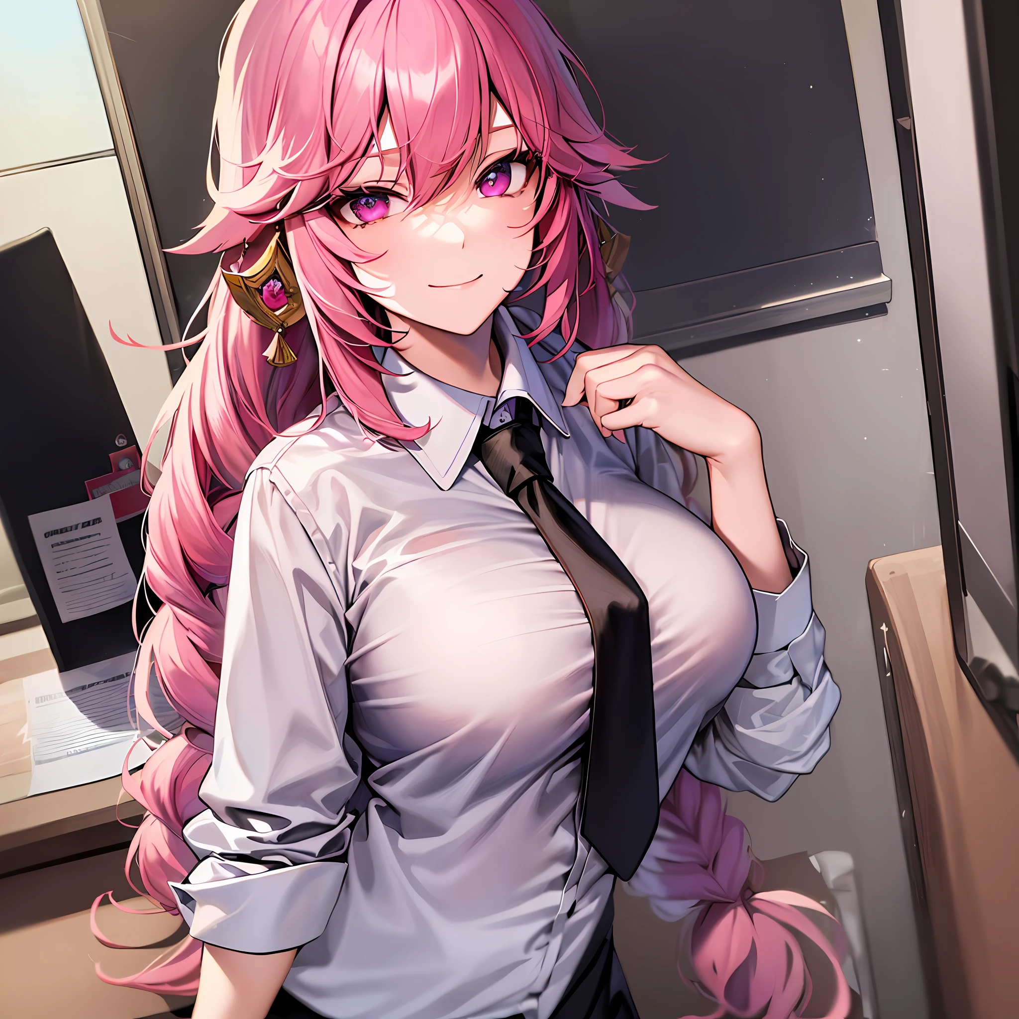 ((masterpiece)), (best quality), beautiful, extremely detailed face,((expressionless)),((cold attitude)),((tsurime)),((tareme)),breasts,((Mature female)),((yae miko, smile, bangs, (big breasts:1.2), braid, pink hair, braided ponytail, ringed eyes,
shirt, long sleeves, white shirt, necktie, collared shirt, pants, black pants, formal, suit, black necktie, shirt tucked in, office lady
