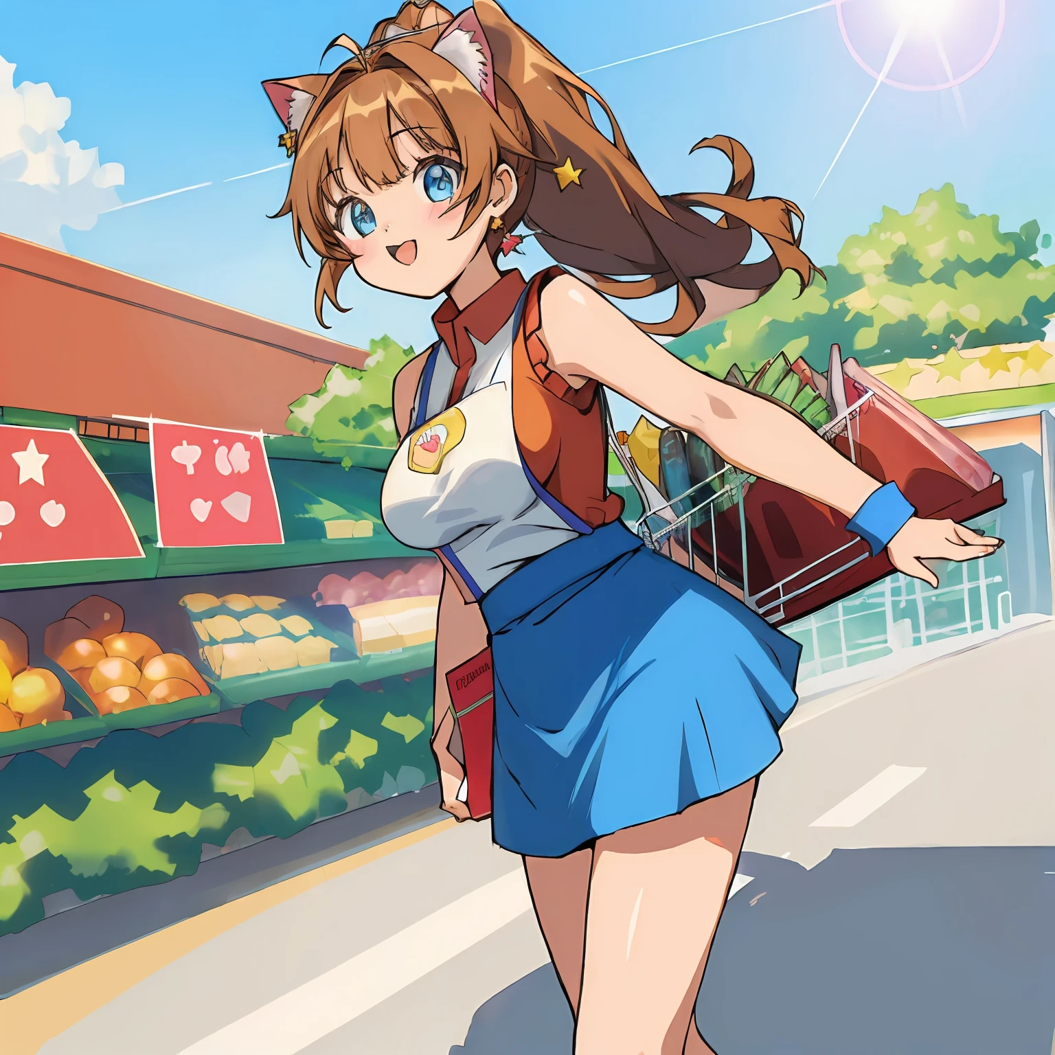 (Highly detailed CG Unity 8k wallpaper), (Best Quality), (Super Detail), (Best Illustration), (Best Shadow), POV, Realistic lighting and shading, Natural light, Lens flare effect, BREAK, 1 beautiful girl, Solo,(Cute:1.5),(Chibi:0.8), (kawaii:1.5),(Lori:0.5), BREAK,  ( (17 years old girl), Very detailed, colourfull, highest details, BREAK, (Huge breasts: 1. 2,), Clear skin, Beautiful skin, Shy skin, 1 beautiful girl, Brown hair, (Cat ears, Ponytail, medium-Long hair: 1. 2), (Light blue eyes, long eyelashes, Double eyelids: 1. 2), Solo,  gleaming skin, BREAK,(skirt by the,a miniskirt,Panchira:1.2), (Sleeveless, sleeveless shirts, Red Shirt:1.2),  (star-shaped earring:1.1), (Lace headband:1.0), (Cute Accessories:1.3), (A smile,Happiness:1.1), (is standing,Slouched:1.3), Holding a tomato in his right hand,Hanging a shopping basket on his left arm, (Angle from the front:1.1), BREAK, (Shopping Dating:1.2),(supermarket:1.5),(Multiple female customers)