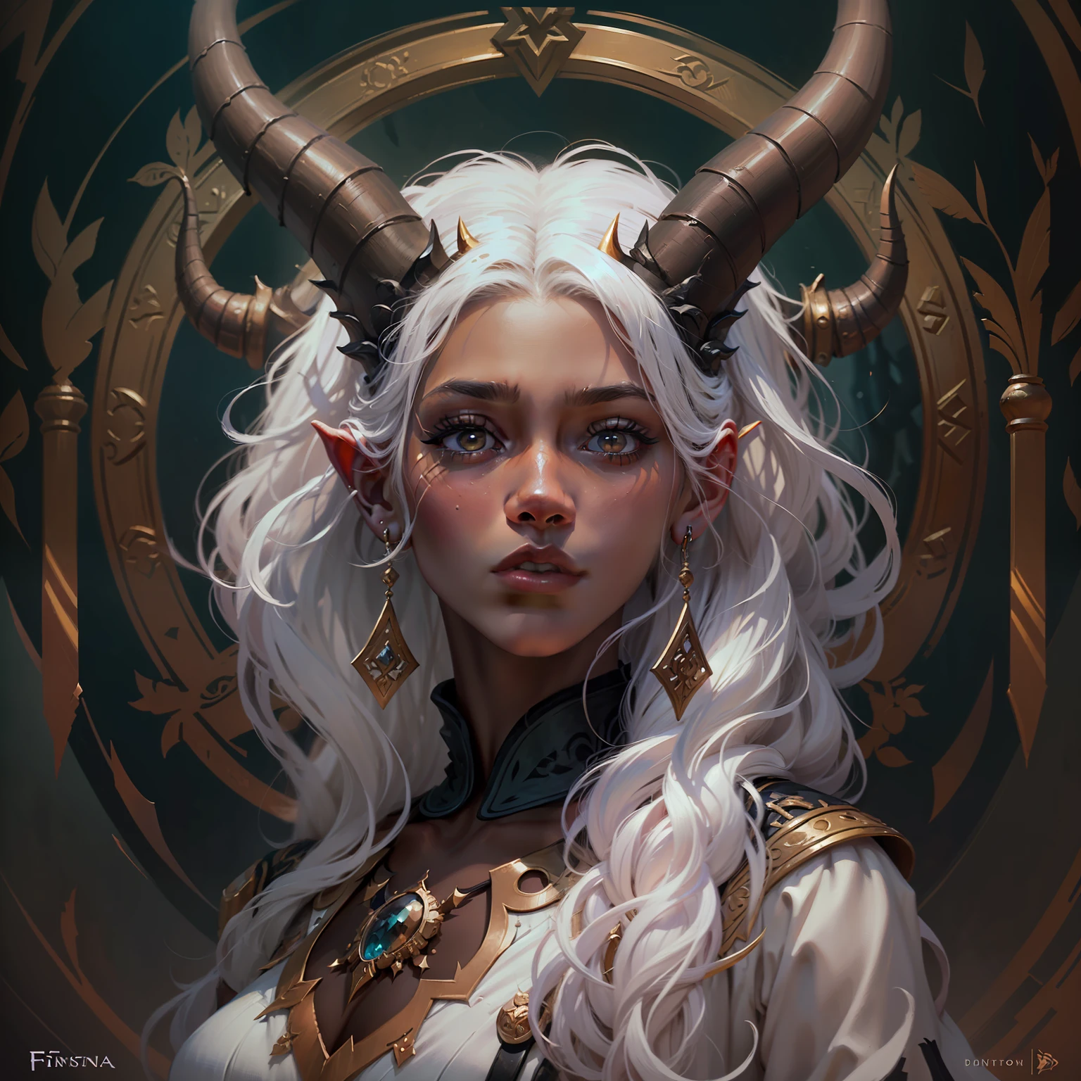 a young black woman with long white hair and horns on her head, symmetric beautiful face, arte de fantasia digital 2d, Epic Fantasy Digital Art Style, epic digital art illustration, arte de fantasia digital 2d detalhada, Epic fantasy art style, epic exquisite character art, epic fantasy art, lindo pintura digital, pintado no estilo arcano, d & d fantasia pintura digital, pintura de fantasia digital