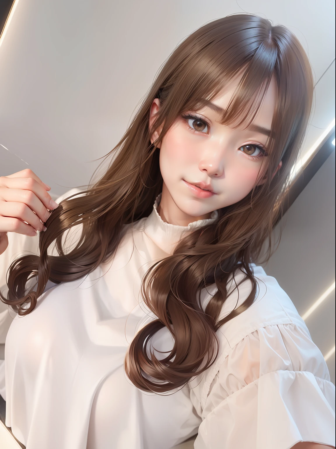 Long、Patsun Bangs、White background in photography studio