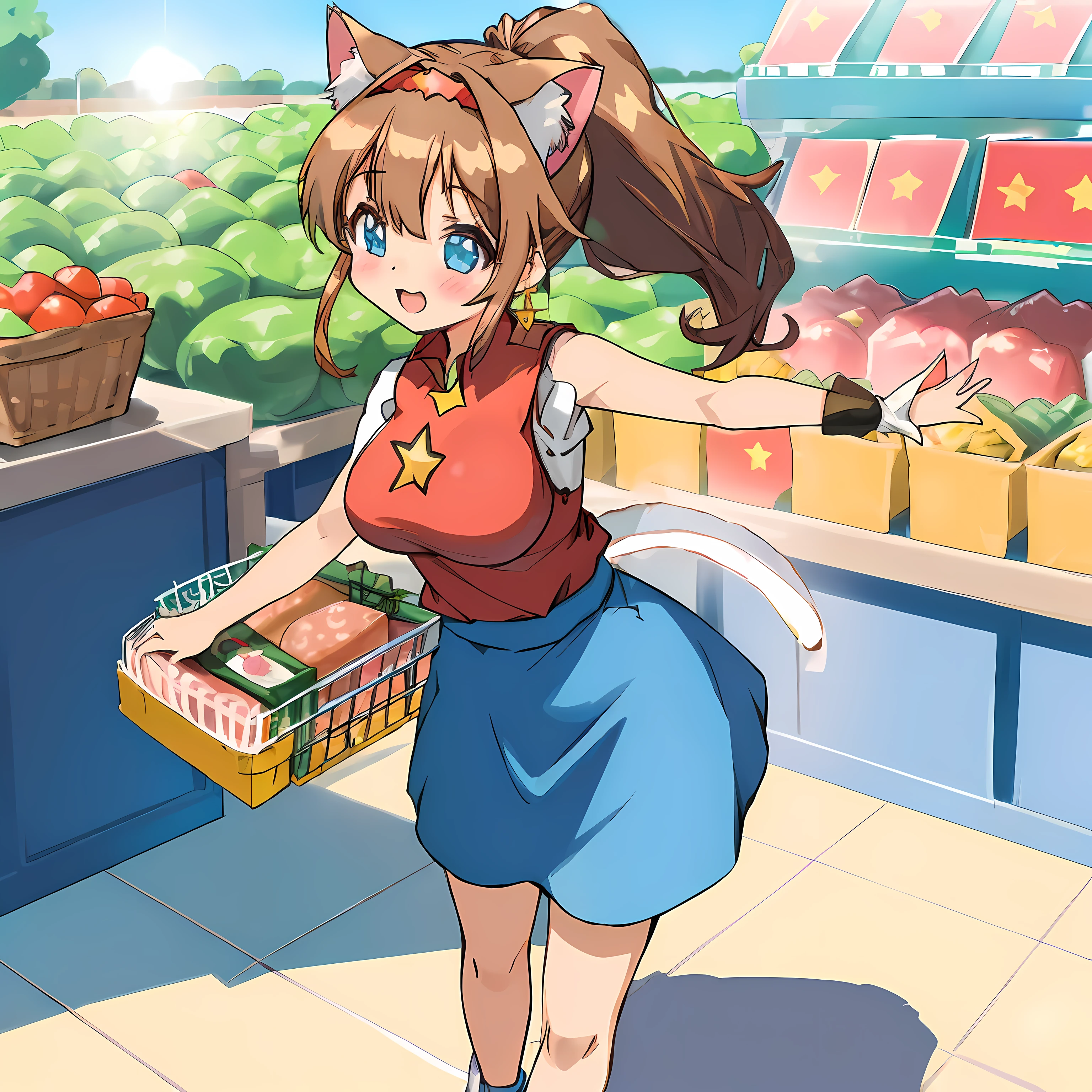 (Highly detailed CG Unity 8k wallpaper), (Best Quality), (Super Detail), (Best Illustration), (Best Shadow), POV, Realistic lighting and shading, Natural light, Lens flare effect, BREAK, 1 beautiful girl, Solo,(Cute:1.5),(Chibi:0.8), (kawaii:1.5),(Lori:0.5), BREAK, ( (17 years old girl), Very detailed, colourfull, highest details, BREAK, (Huge breasts: 1. 2,), Clear skin, Beautiful skin, Shy skin, 1 beautiful girl, Brown hair, (Cat ears, Ponytail, medium-Long hair: 1. 2), (Light blue eyes, long eyelashes, Double eyelids: 1. 2), Solo, gleaming skin, BREAK,(skirt by the,a miniskirt,Panchira:1.2), (Sleeveless, sleeveless shirts, Red Shirt:1.2), (star-shaped earring:1.1), (Lace headband:1.0), (Cute Accessories:1.3), (A smile,Happiness:1.1), (is standing,Slouched:1.3), Holding a tomato in his right hand,Hanging a shopping basket on his left arm, (Angle from the front:1.1), BREAK, (Shopping Dating:1.2),(supermarket:1.5),(Multiple female customers)