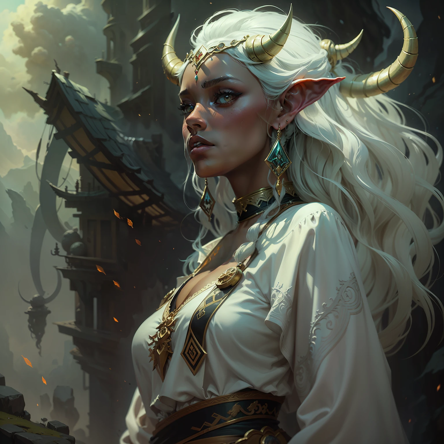 a black woman with long white hair and horns on her head, arte de fantasia digital 2d, Epic Fantasy Digital Art Style, epic digital art illustration, arte de fantasia digital 2d detalhada, Epic fantasy art style, epic exquisite character art, epic fantasy art, lindo pintura digital, pintado no estilo arcano, d & d fantasia pintura digital, pintura de fantasia digital