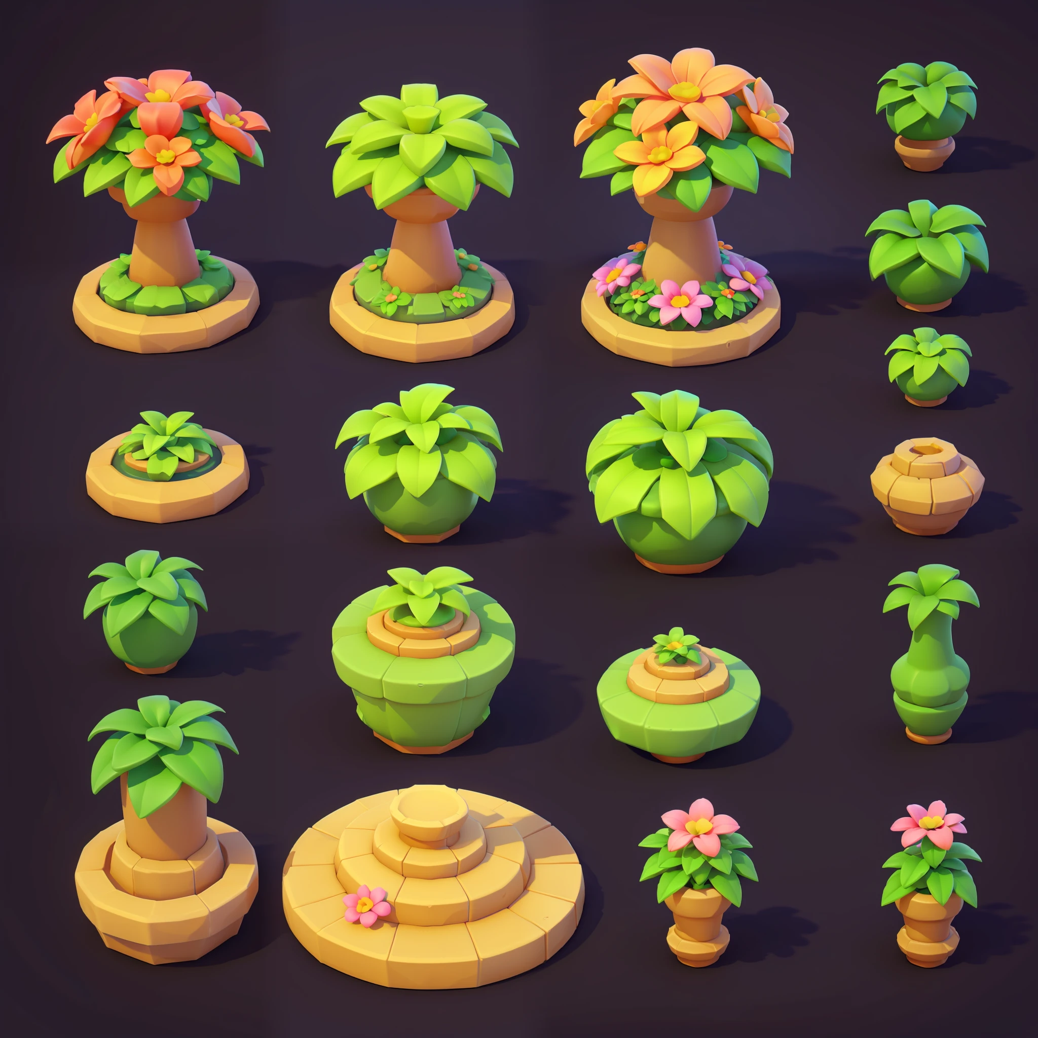 floral arrangements，gardening，A single object，potted，China-style，solid color backdrop，3D rendering 2D，game icon asset,（（cartoony）），（（（Simple structure））），volumettic light}，a plant，florals，（The tree），Game icon design，super detailing，best qualtiy， blender，