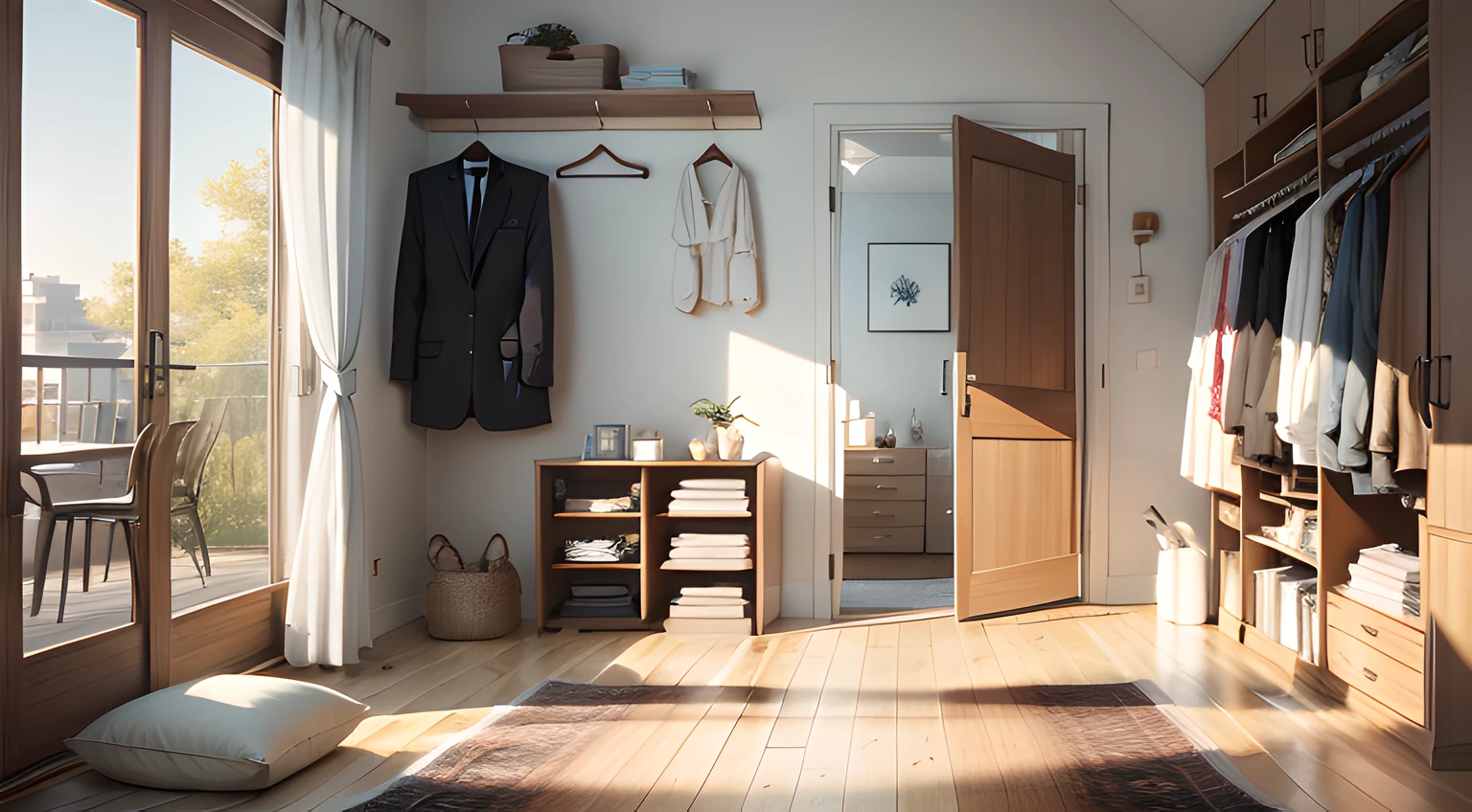 There is a glass door,There is a shelf with clothes hanging from it,inside in room,Modern living room,carpets,wooden floor,janelas,窗帘,rays of sunshine