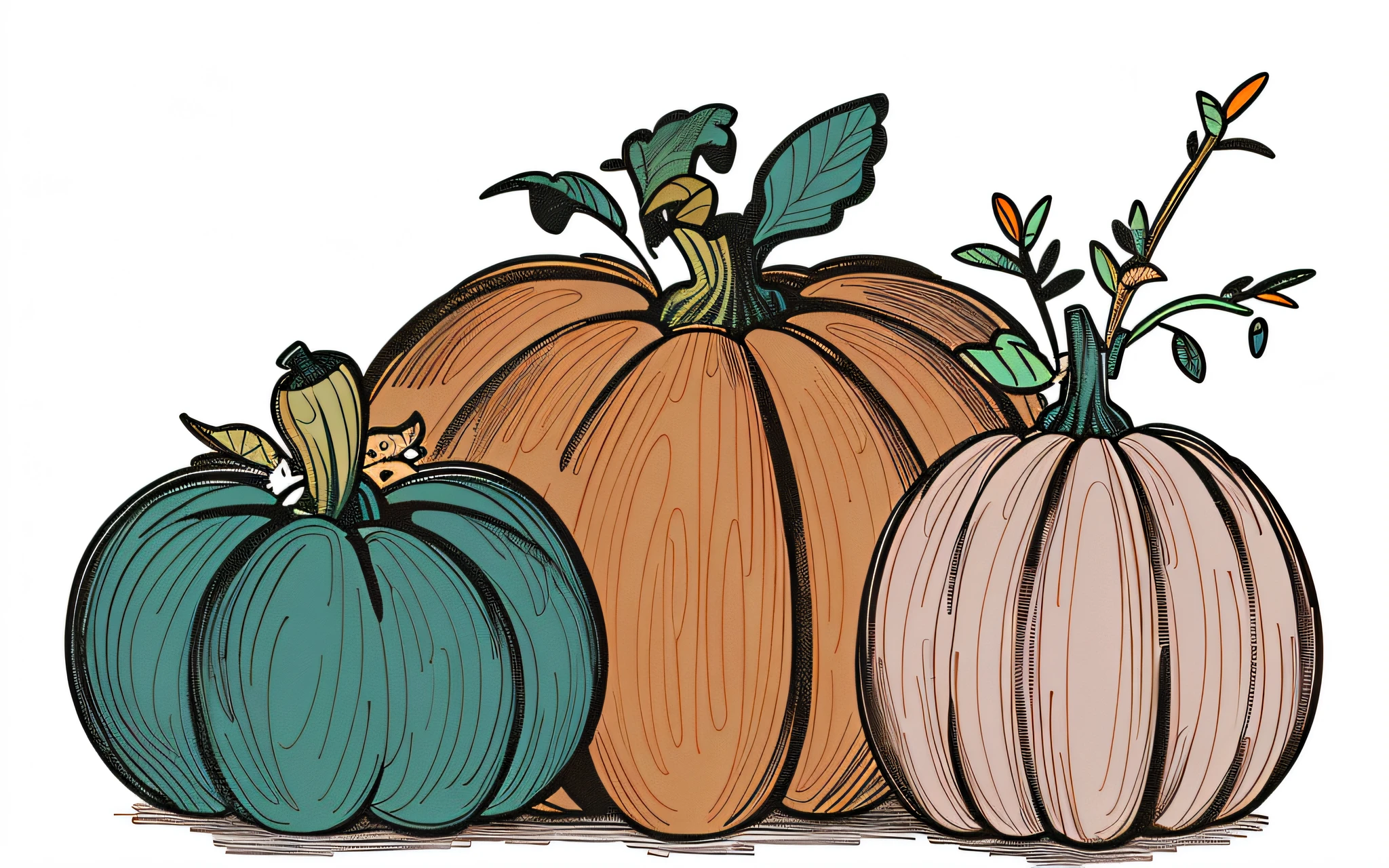 Drawing of three pumpkins,There are leaves on it, pumpkins, pumpkin patch, muted fall colors, gourds, detailed digital illustration, harvest fall vibrance, coloured in teal and orange, pumpkin farm background, orange and cyan paint decals, full color digital illustration, Stylized digital illustration, matte digital illustration, beautiful high resolution, dry brush background colors, fall vibrancy,Vintage illustration,Retro,Graphic illustration,planar