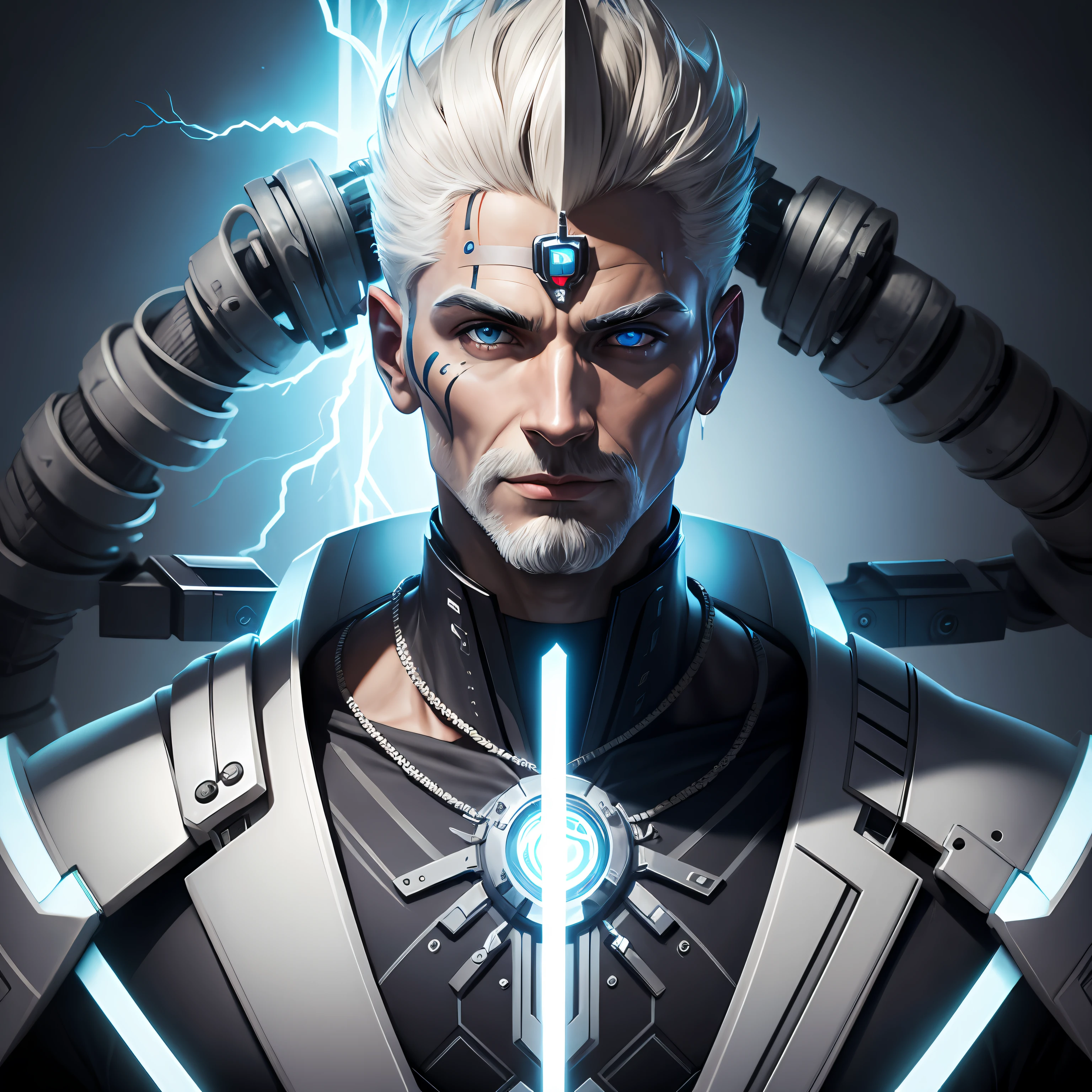 portrait of bionic god zeus, using epic bionic cyborg, different implants, face colors is half-h